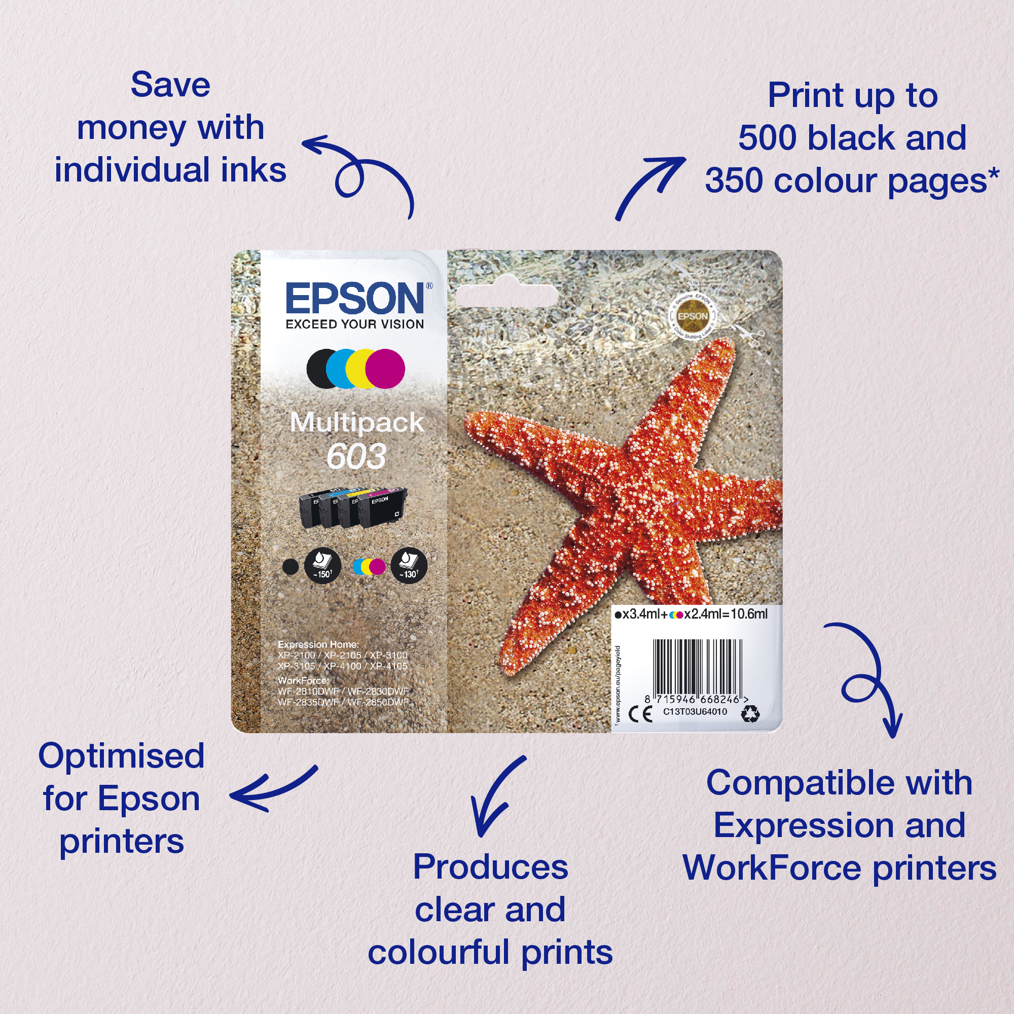 Multipaquete de tinta Epson 603 sobre arena con una estrella de mar y texto.