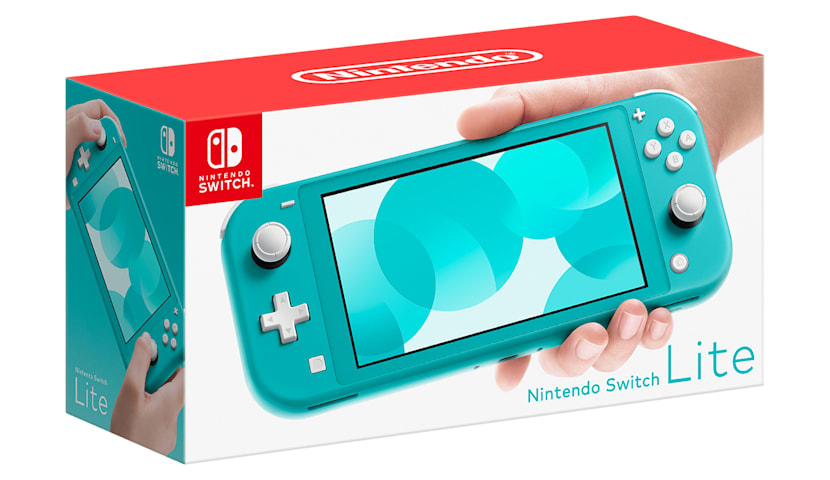 Turkusowa konsola Nintendo Switch Lite trzymana w dłoniach na biało-czerwonym pudełku.