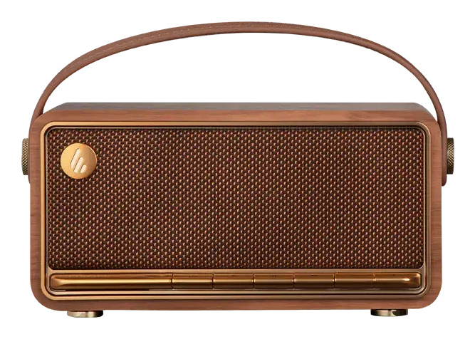 Głośnik Bluetooth w stylu retro w drewnianej obudowie z brązową siatką i skórzanym paskiem.