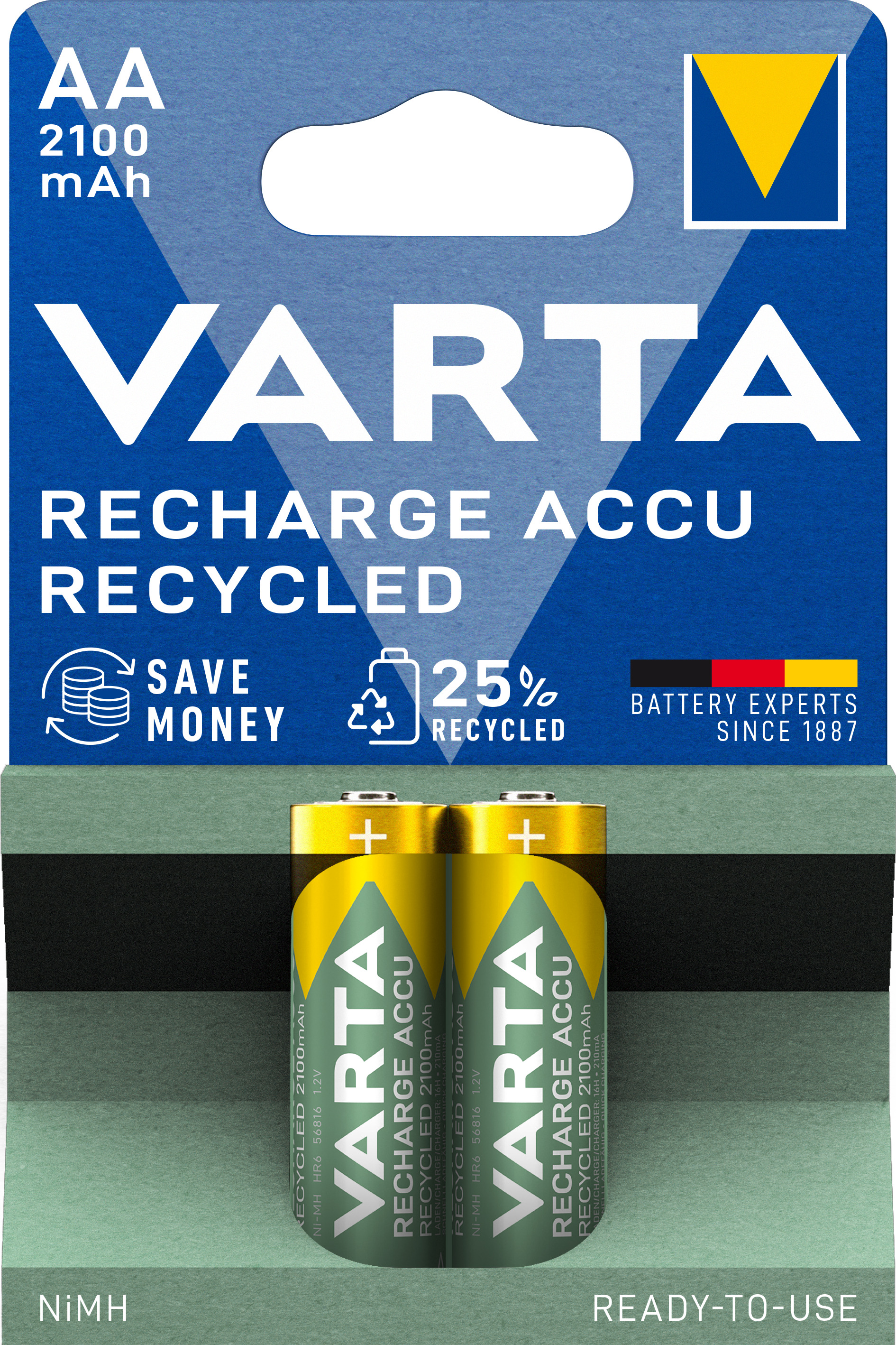 Pilas recargables Varta AA en envase azul, 2100 mAh, 25% reciclado.