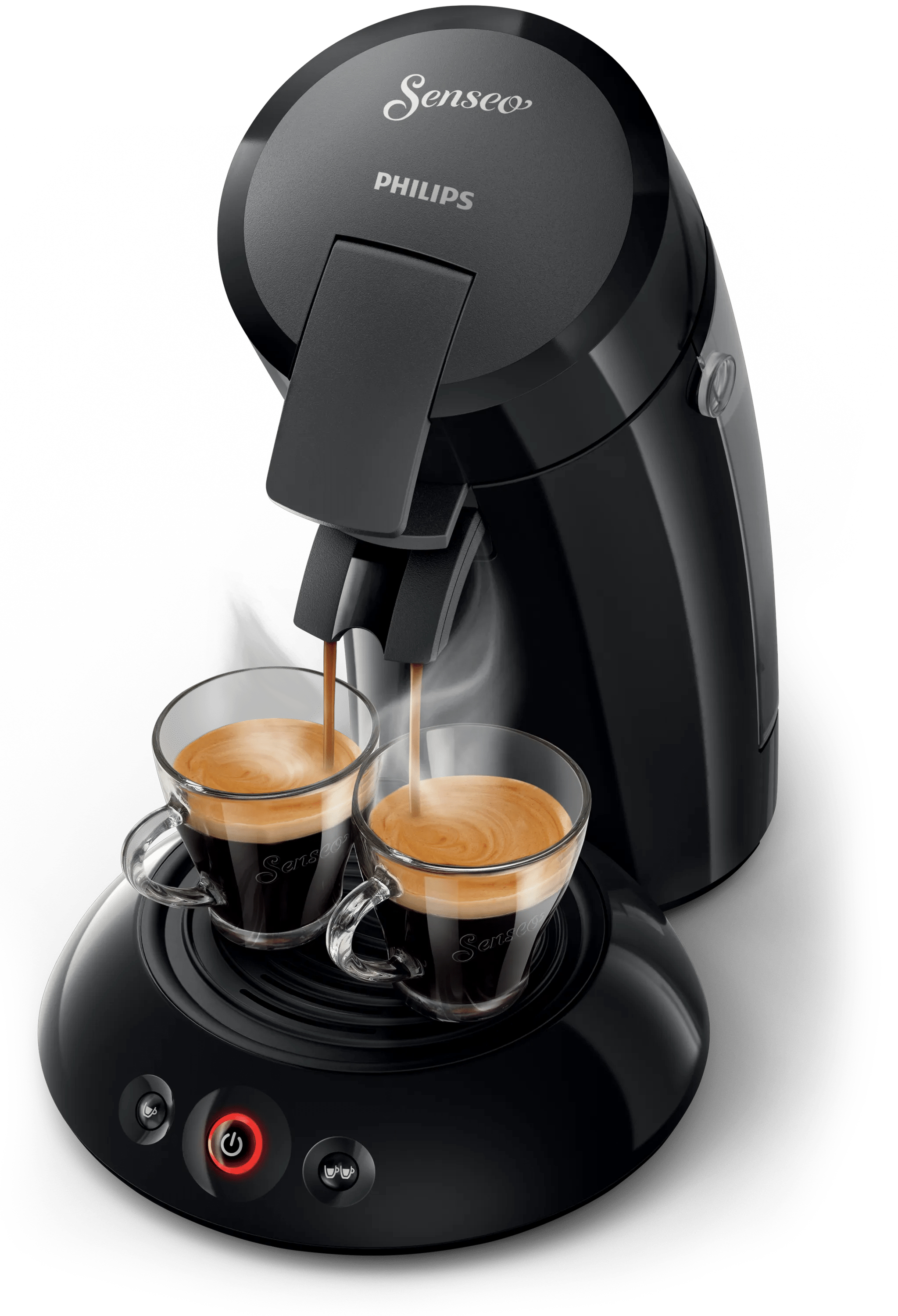 Eine schwarze Philips Senseo Kaffeemaschine brüht Kaffee in zwei gläserne Tassen mit Dampf.