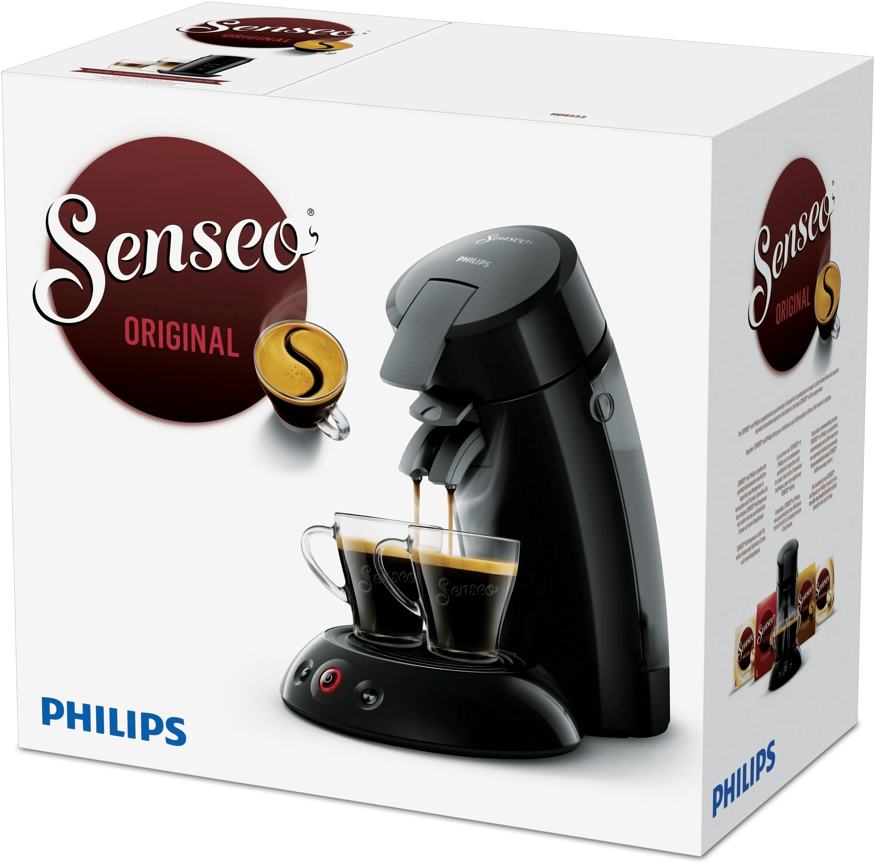 Verpackung der schwarzen Philips Senseo Original Kaffeemaschine mit zwei Tassen Kaffee auf weißem Hintergrund.