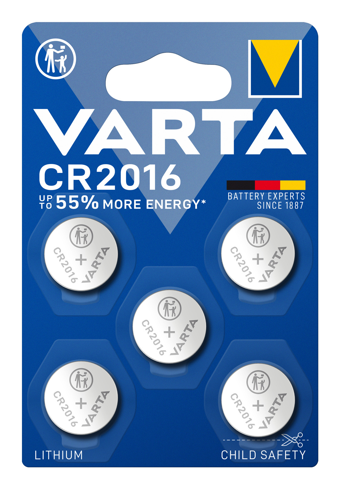 Pilas de botón de litio Varta CR2016 en un paquete azul de seguridad infantil.