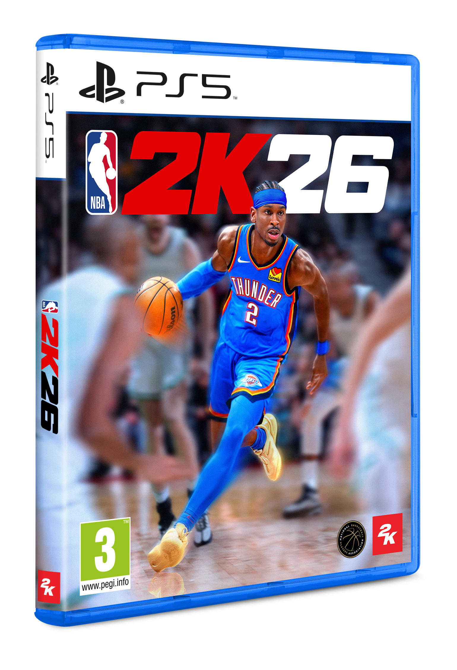 NBA 2K26 Spielcover für PS5 mit einem Basketballspieler in blauem Trikot, der auf dem Spielfeld dribbelt.