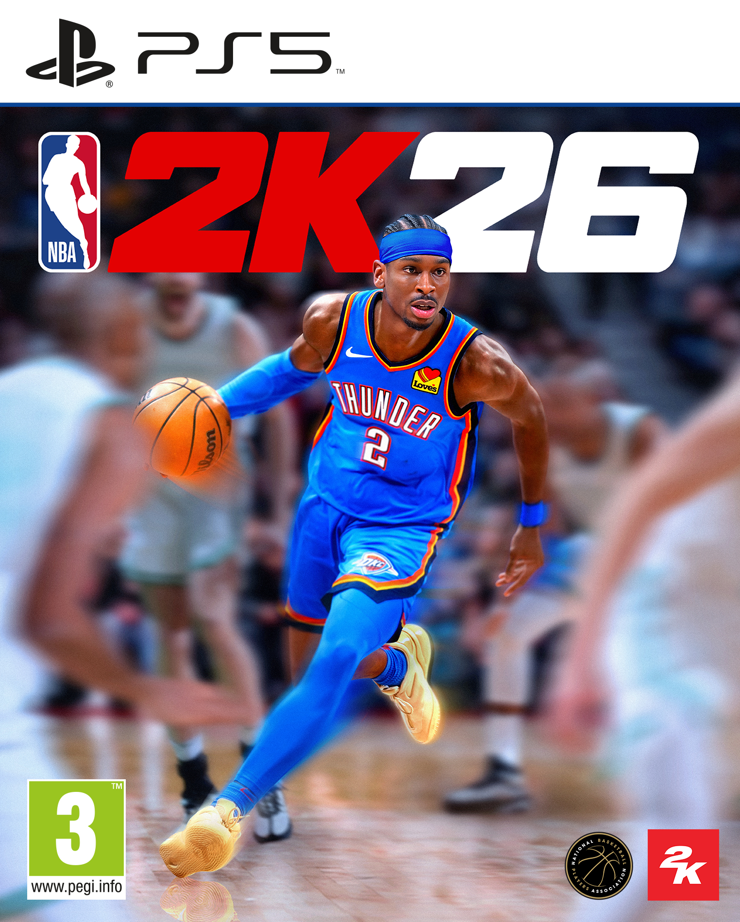 NBA 2K26 Cover mit einem Basketballspieler im blauen Thunder-Trikot, der auf dem Spielfeld dribbelt.