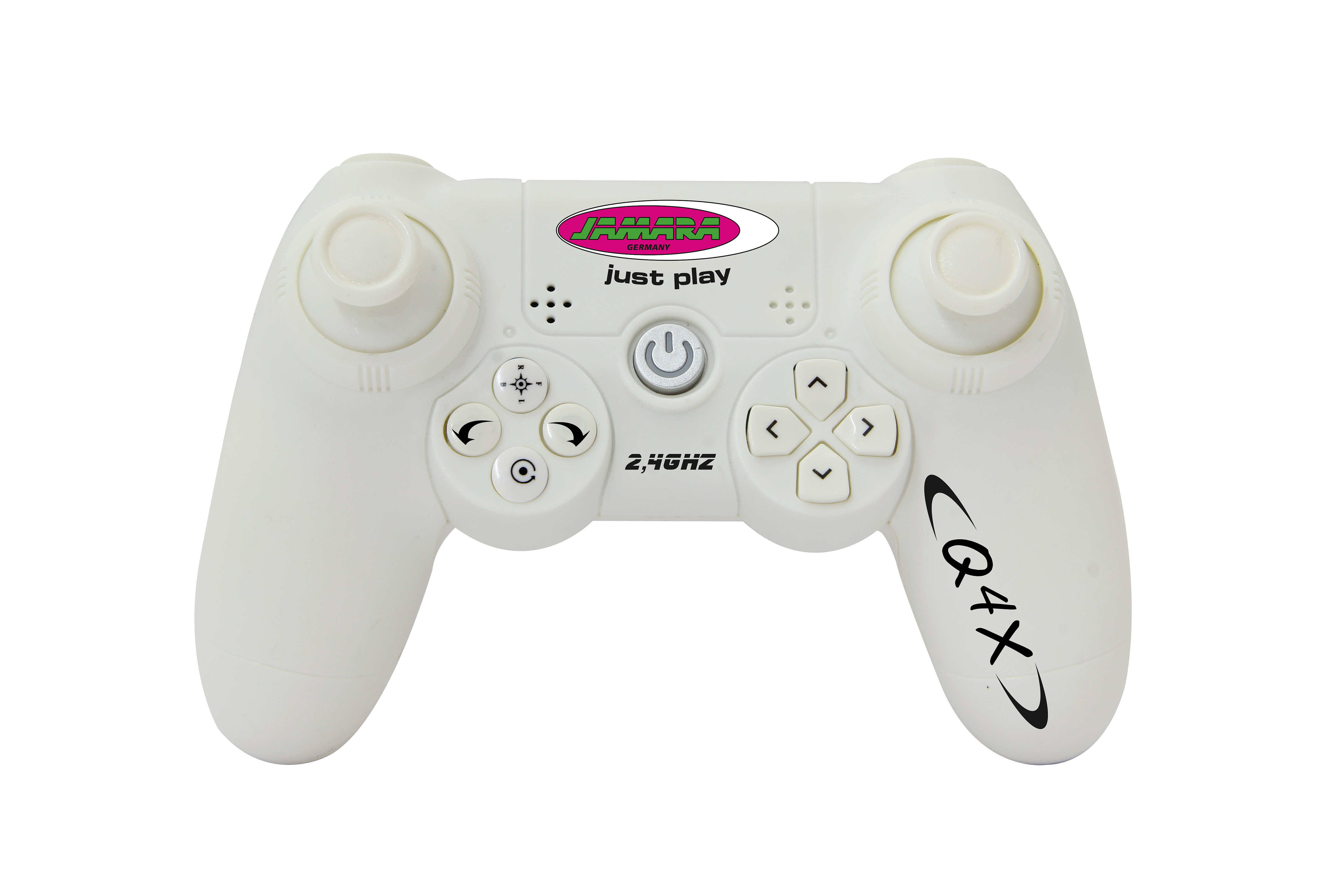 Ein weißer Jamara CQ4X RC-Controller mit Joysticks, Steuerkreutzen, Ein-Ausschalter und Markenlogos.