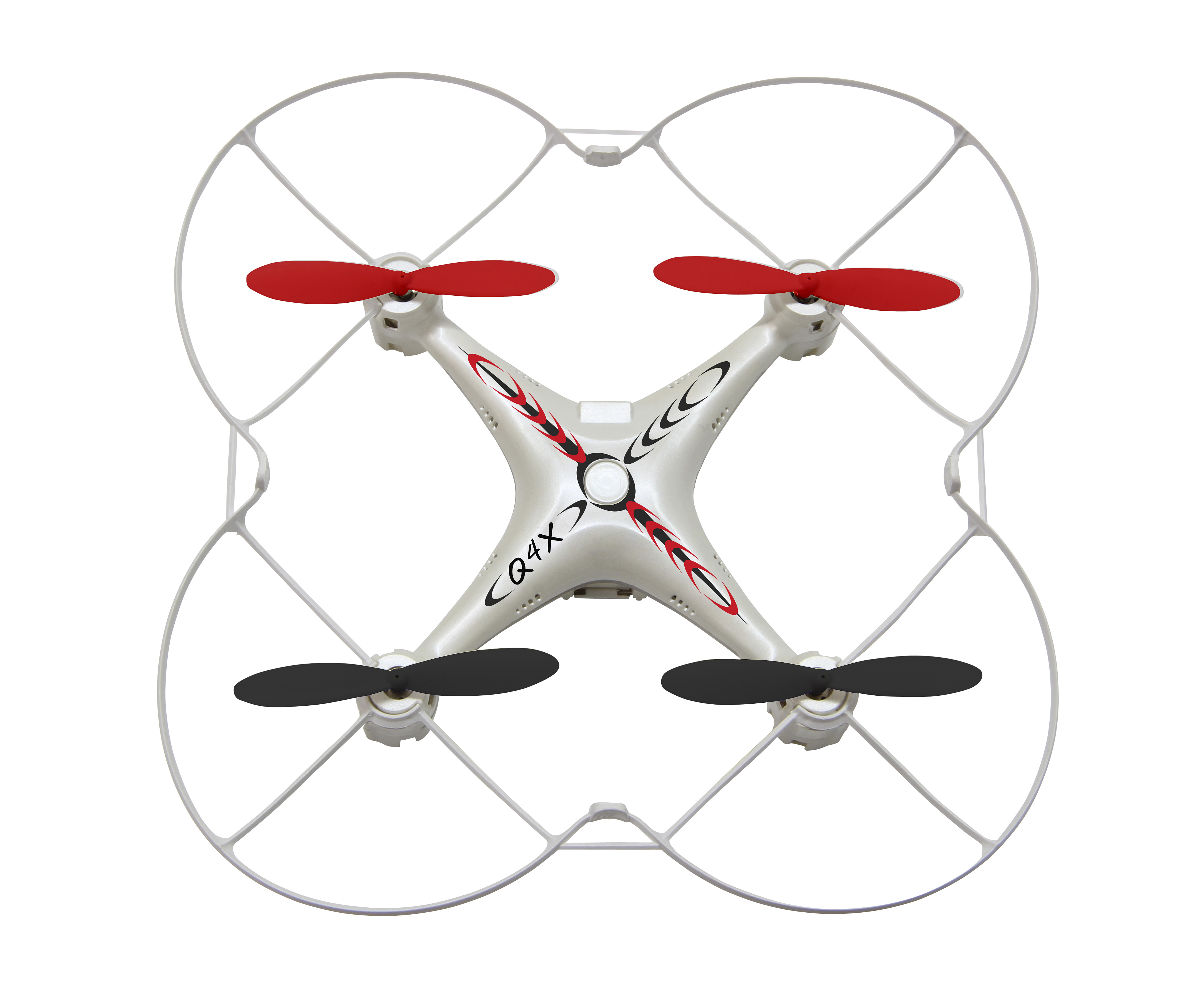 Eine weiße Quadcopter-Drohne mit Schutzvorrichtungen, zwei roten und zwei schwarzen Propellern vor weißem Hintergrund.