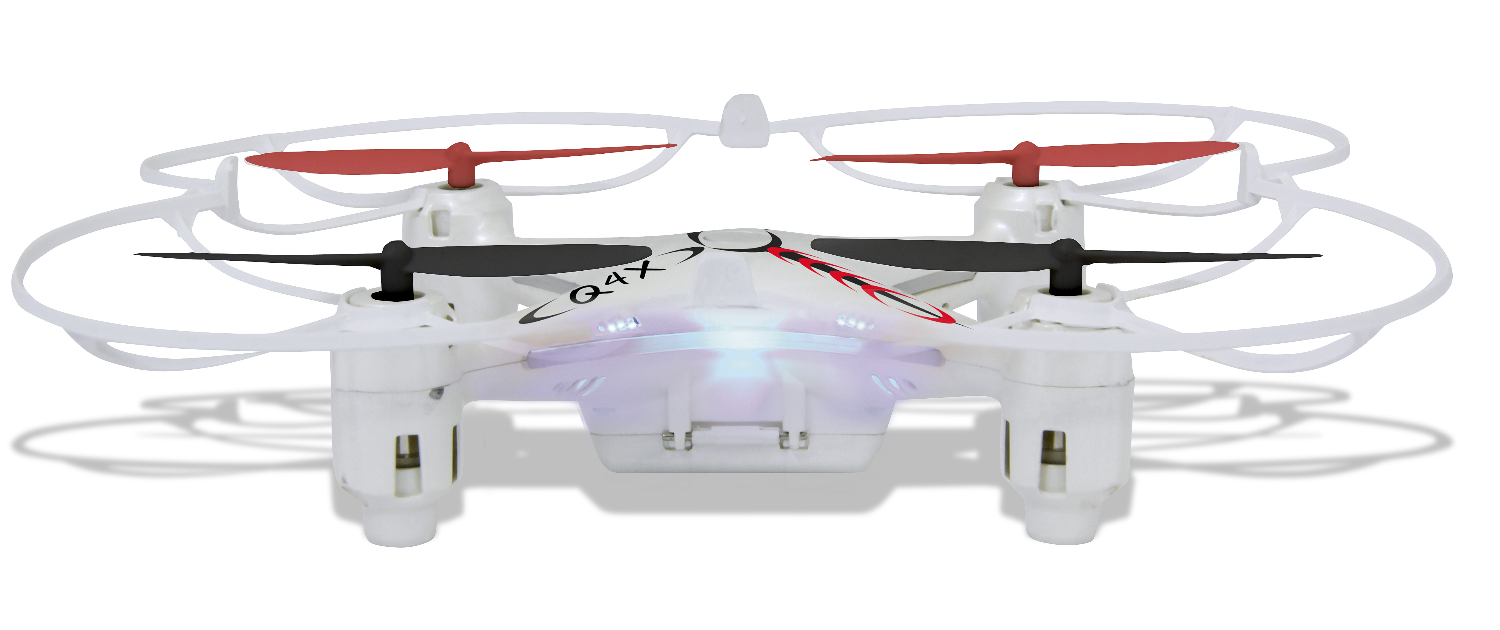 Weiße Quadcopter-Drohne mit roten und schwarzen Propessoren und weißem Schutzgitter.