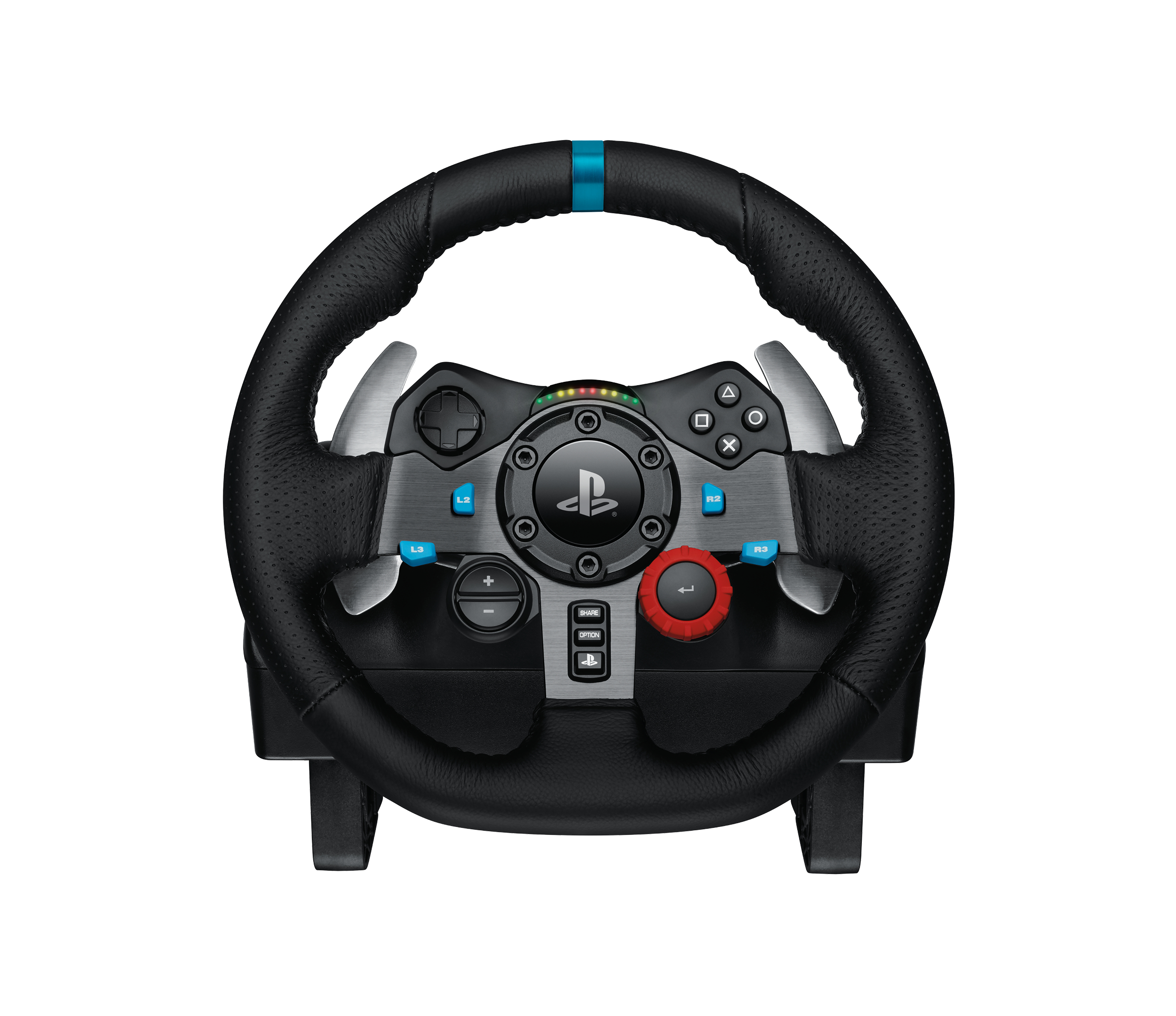 Un volante da corsa PlayStation nero con pulsanti, leve del cambio e logo centrale PlayStation.