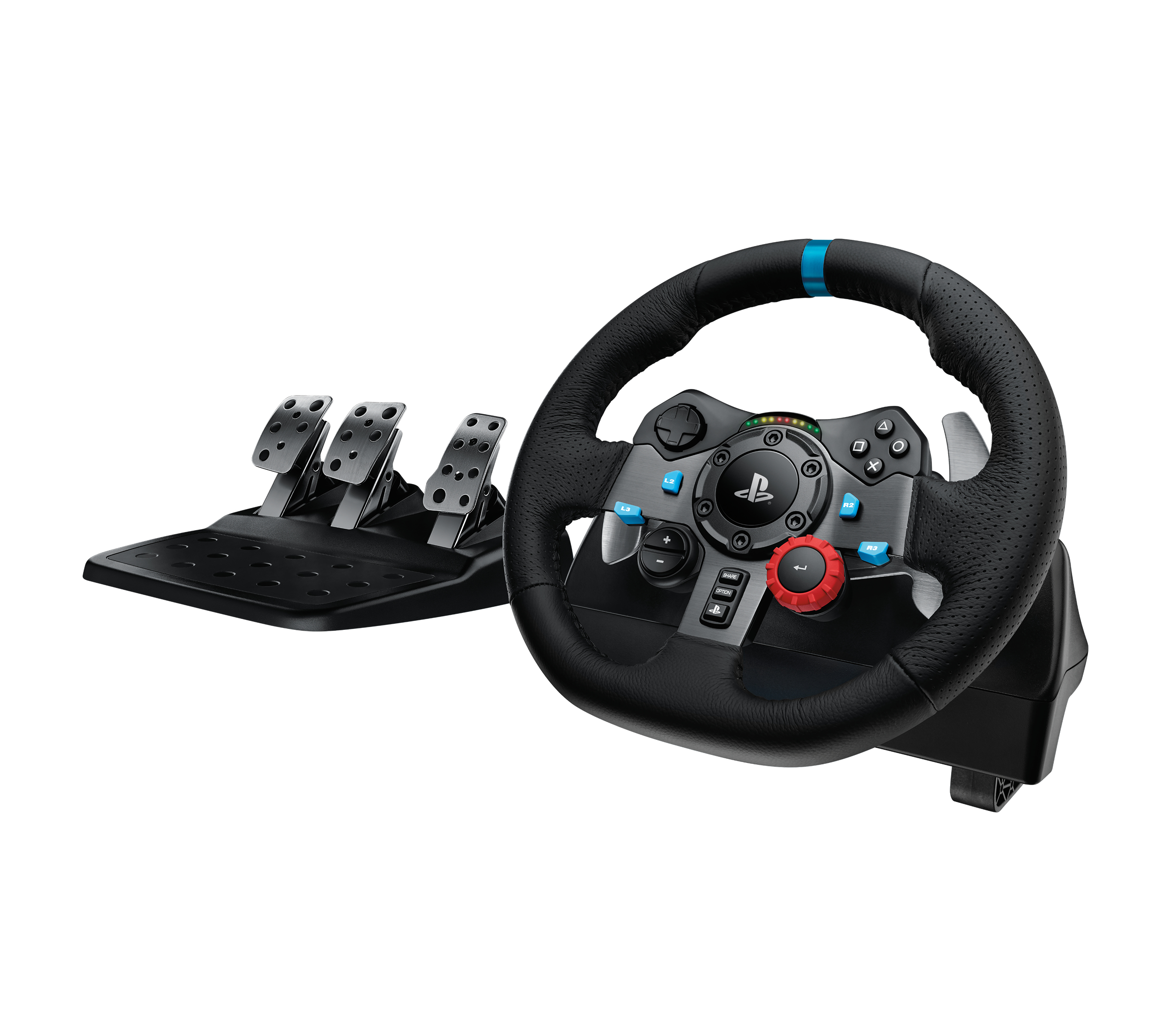 Un volante da corsa nero con pulsanti, logo PlayStation e tre pedali in metallo.