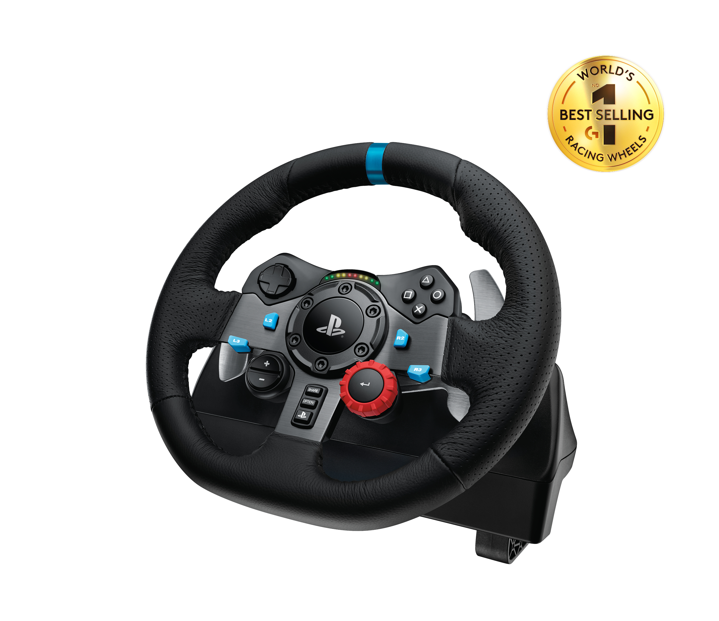 Volante da corsa nero per PlayStation con dettagli blu, pulsanti e una manopola rossa, accompagnato da un sigillo bestseller.