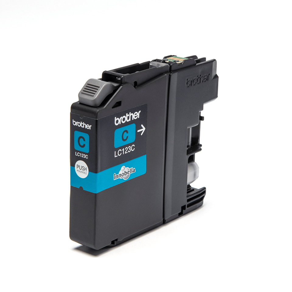 A black Brother LC123C cyan ink cartridge on a white background.