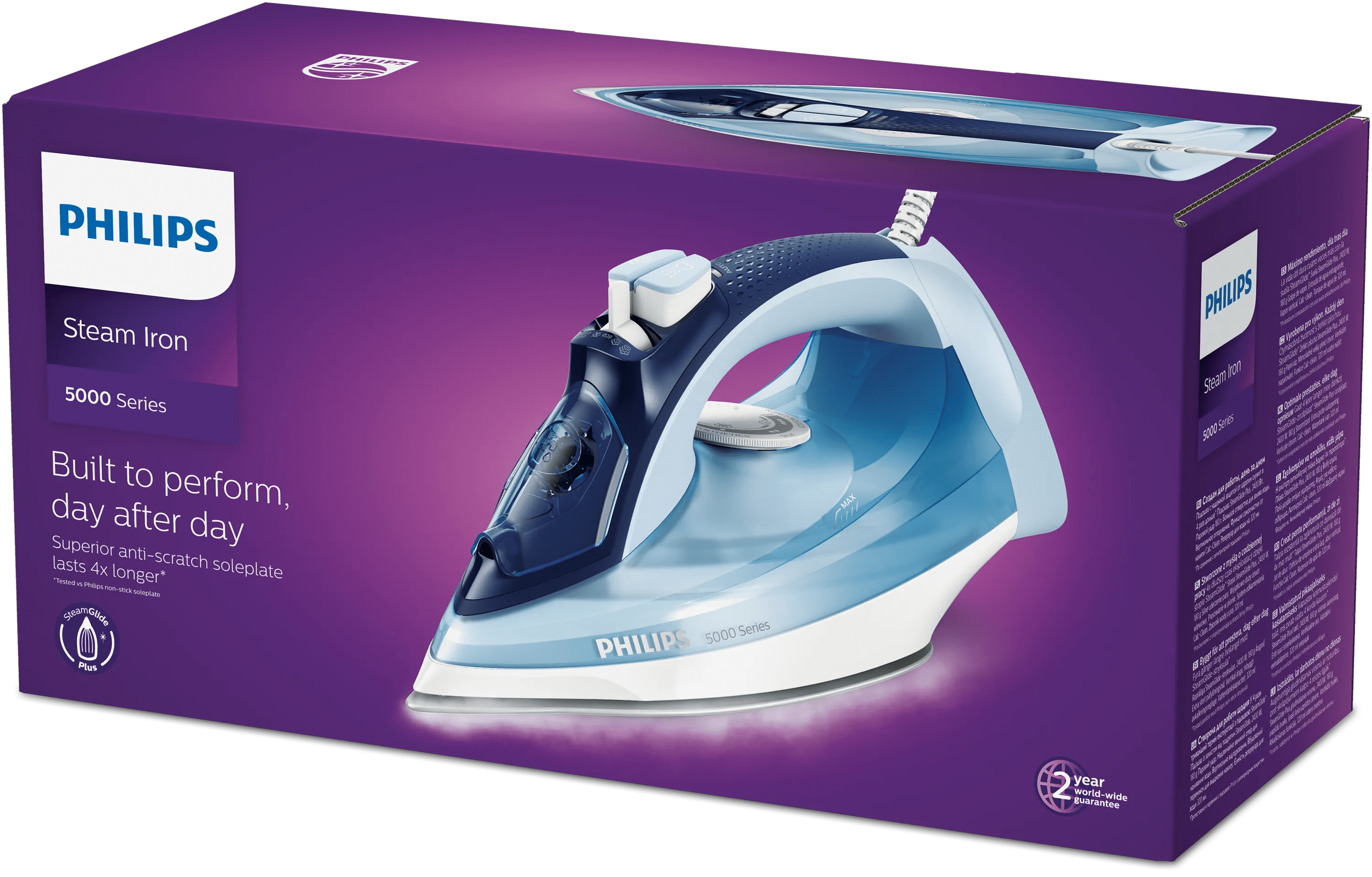 Fioletowe opakowanie żelazka parowego Philips 5000 Series z wizerunkiem żelazka.