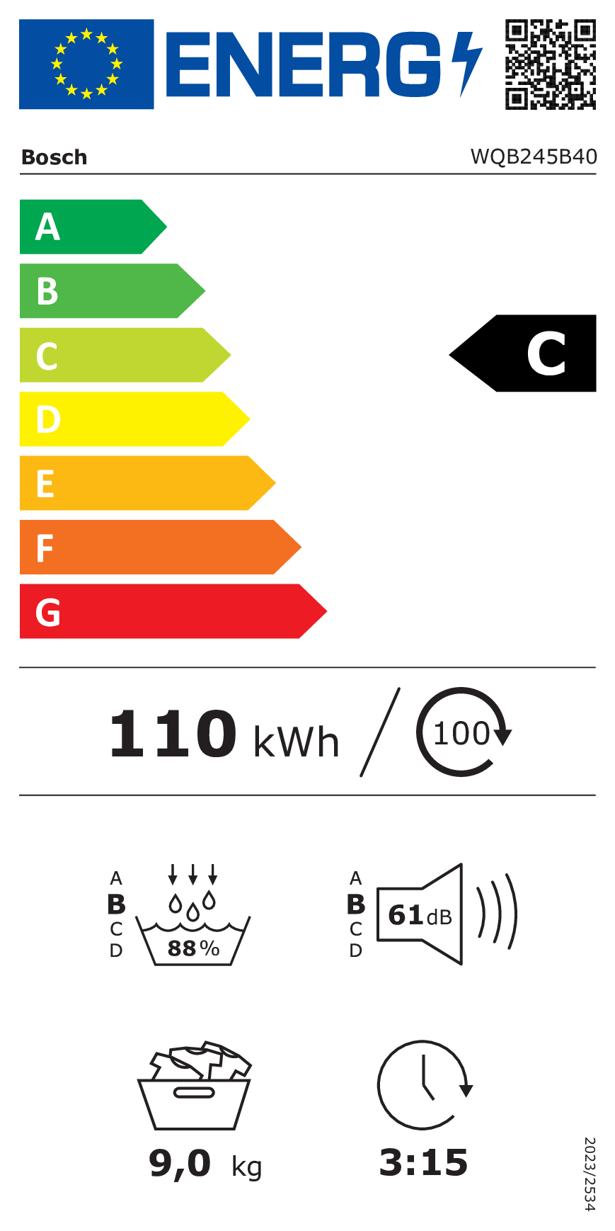 Etichetta energetica C per Bosch WQB245B40 con 110 kWh, condensazione B, 61 dB, 9,0 kg e 3:15 h.