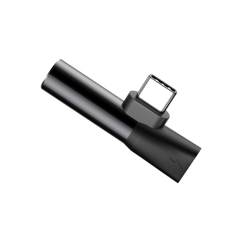 Adaptador USB-C en ángulo negro con icono de carga sobre fondo blanco.