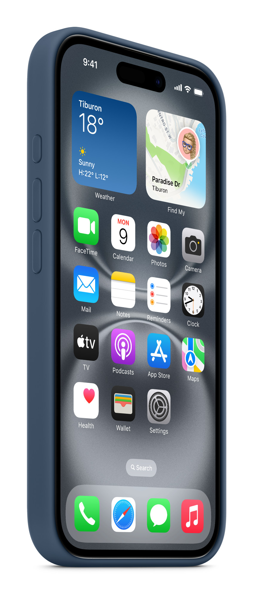 Ein Smartphone in blauer Hülle zeigt den Startbildschirm mit App-Icons, Wetter- und Karten-Widget.