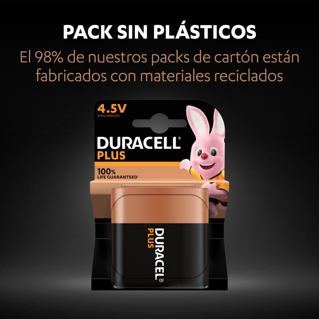 Duracell Plus 4.5V Batterie in plastikfreier Verpackung mit dem rosa Hasen.