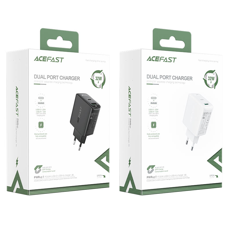 Zwei Acefast 32W Dual-Port-Ladegerät-Verpackungen in Schwarz und Weiß mit Produktdetails.
