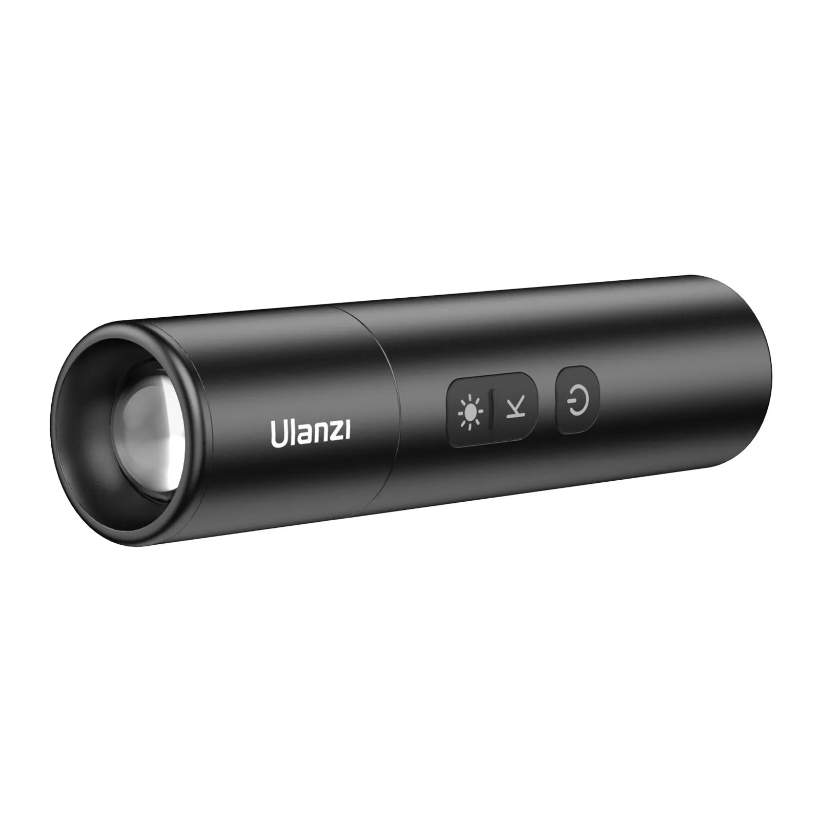 Una linterna LED cilíndrica negra Ulanzi con tres botones y un logotipo blanco sobre fondo blanco.