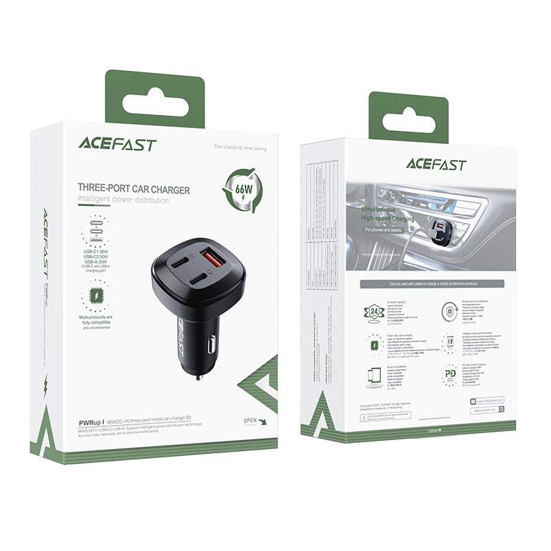 Verpackung eines dreifach USB-Kfz-Ladegeräts von Acefast mit technischen Details und Produktabbildung.