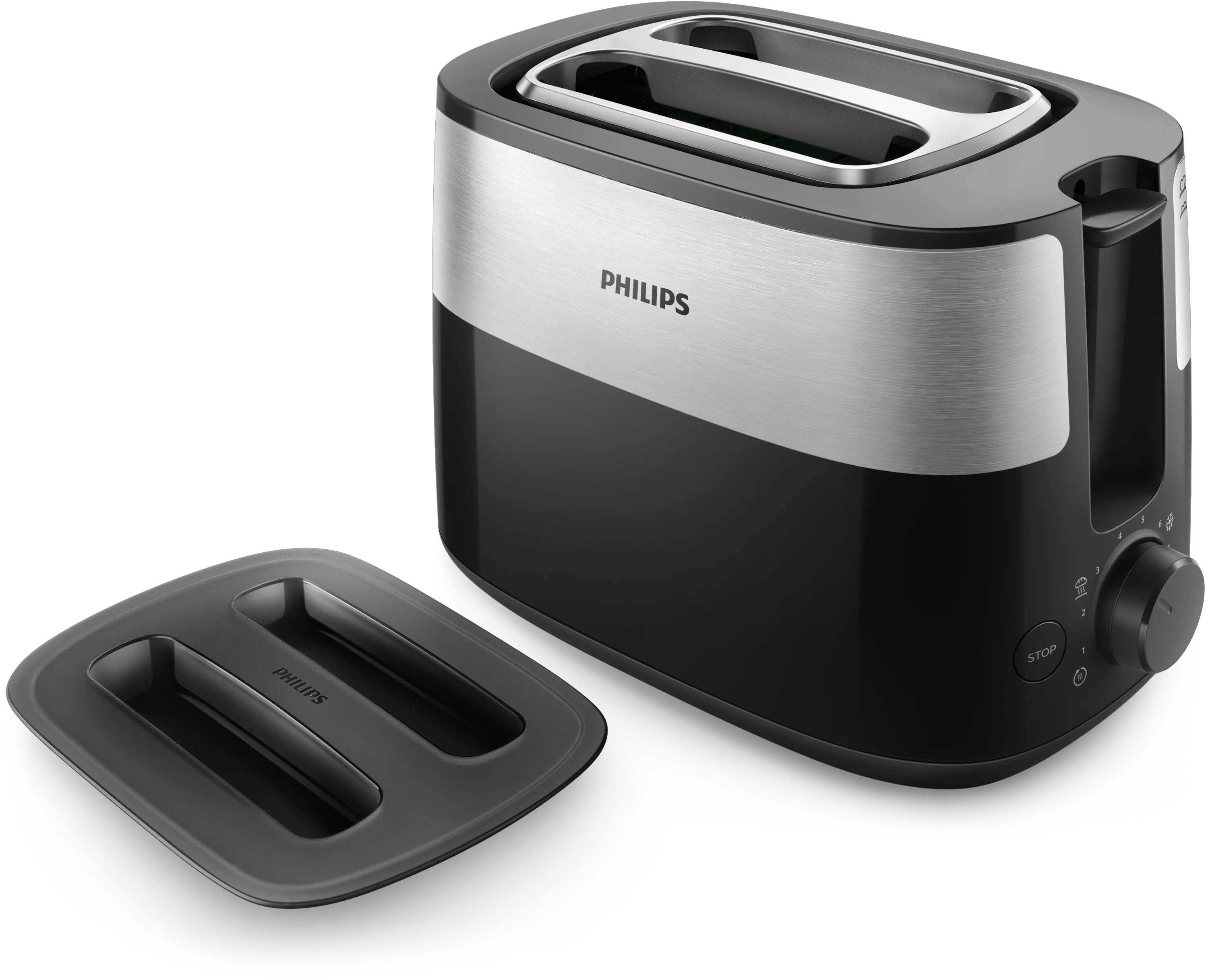 Un tostapane Philips nero e argento a due fessure con un coperchio antipolvere rimovibile accanto.