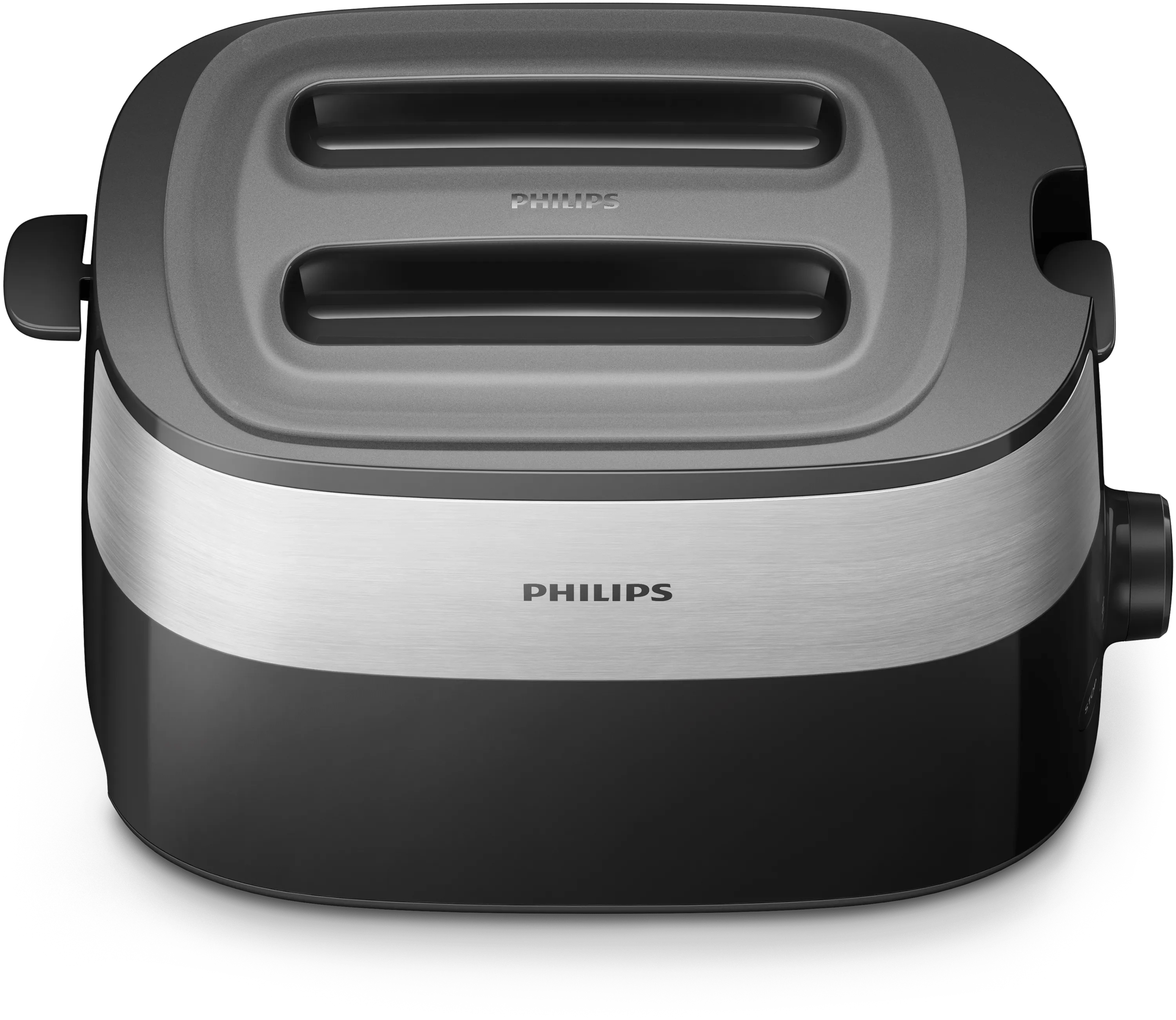 Tapane a due fessure Philips nero e argento visto frontalmente e dall'alto su sfondo bianco.