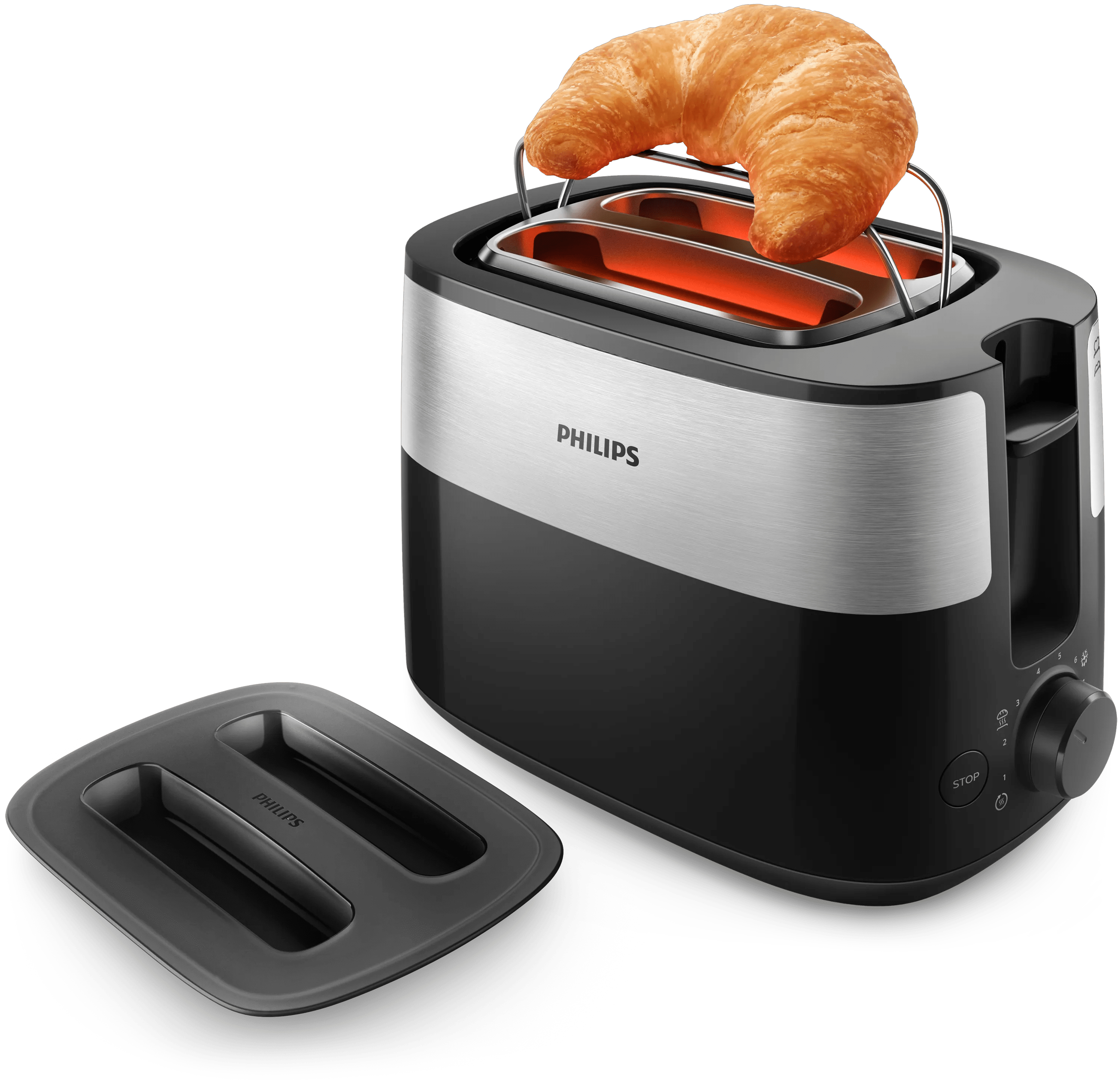Un tostapane Philips nero con dettagli in acciaio inox, che scalda un croissant, con il coperchio accanto.