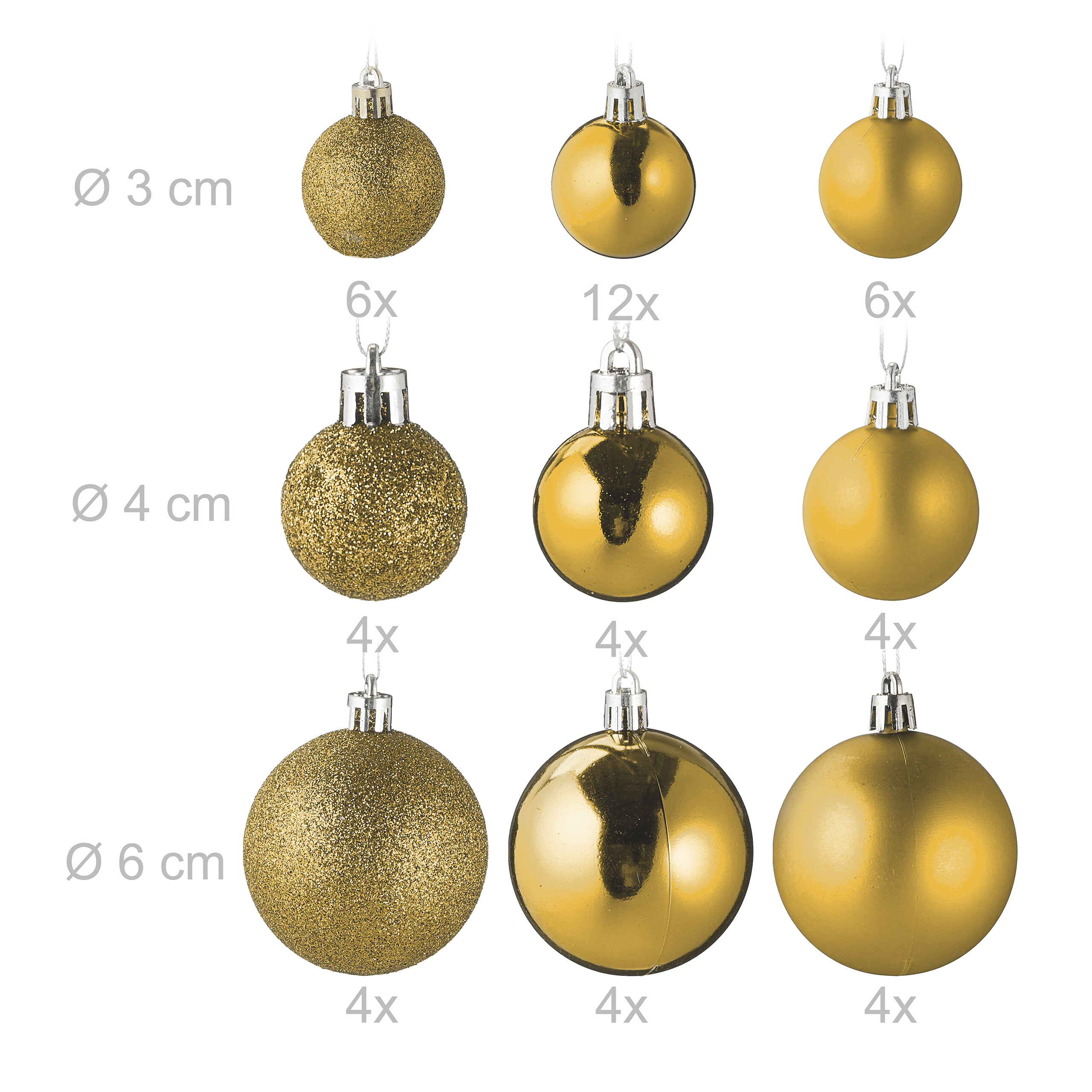 Goldene Weihnachtskugeln in verschiedenen Größen und Ausführungen mit Maßangaben und Stückzahlen.