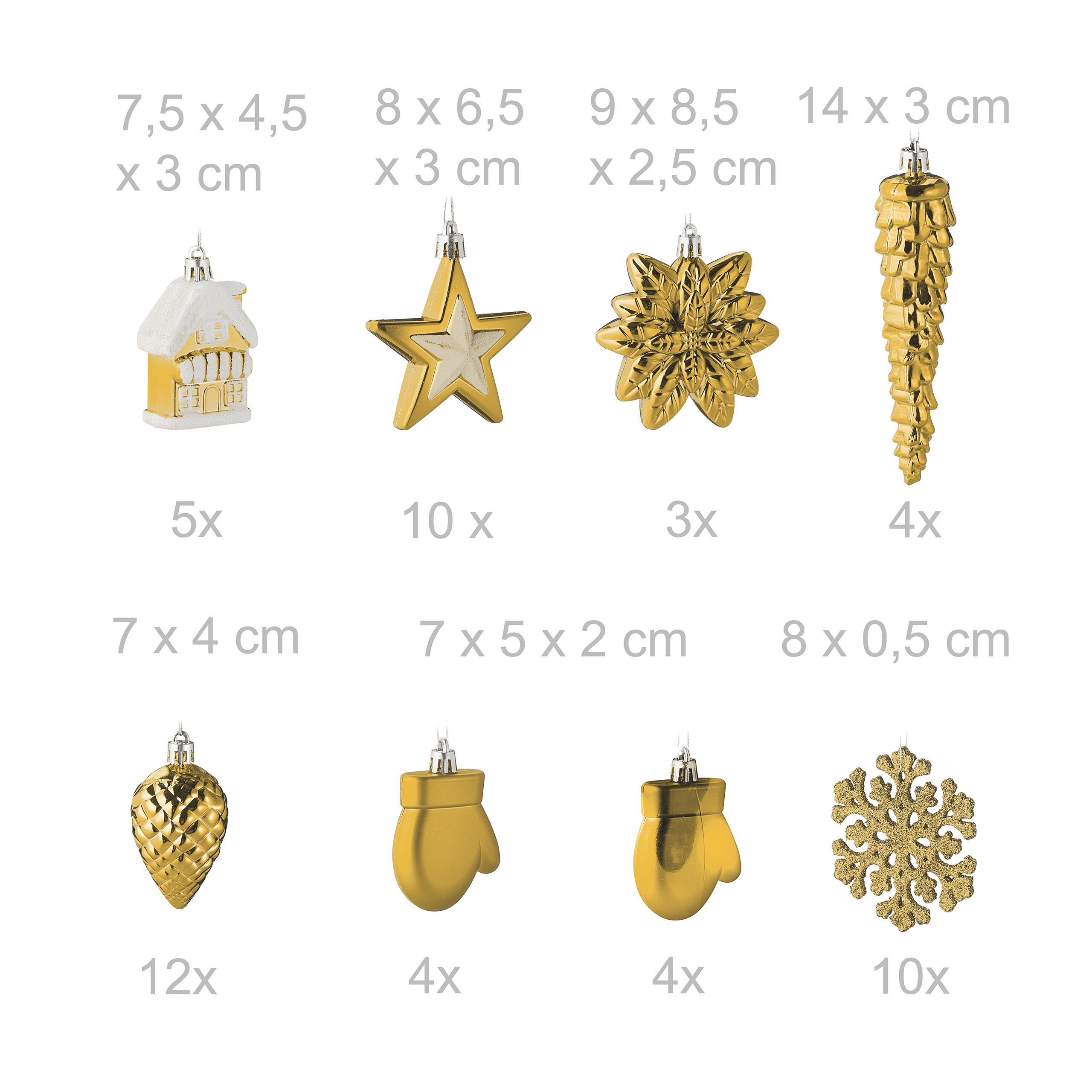 Goldene und weiße Weihnachtsbaumkugeln mit Maßen und Mengen.