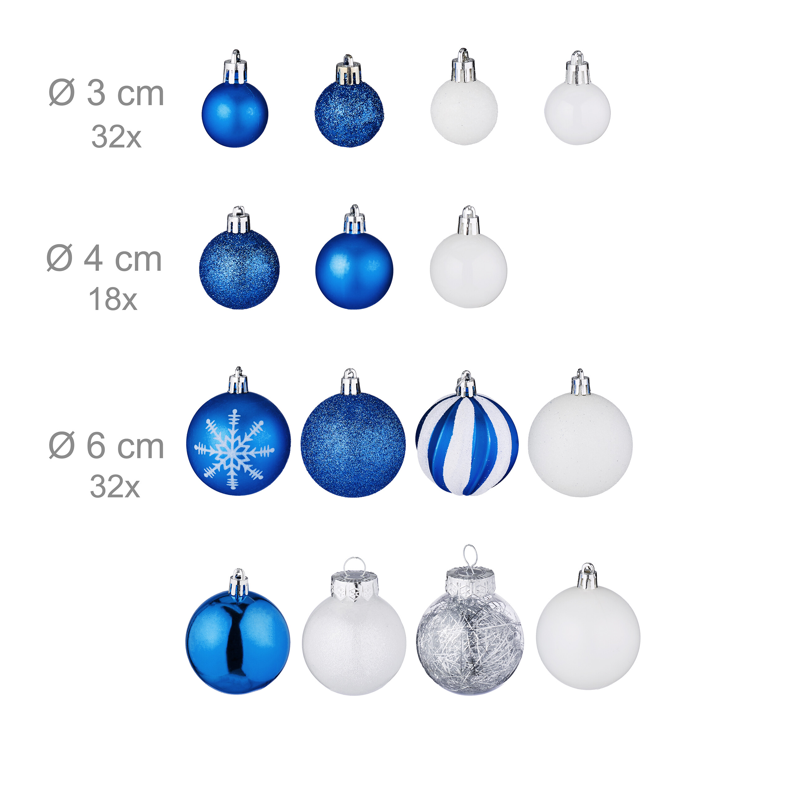 Set aus blauen und weißen Weihnachtskugeln in verschiedenen Größen und Ausführungen.