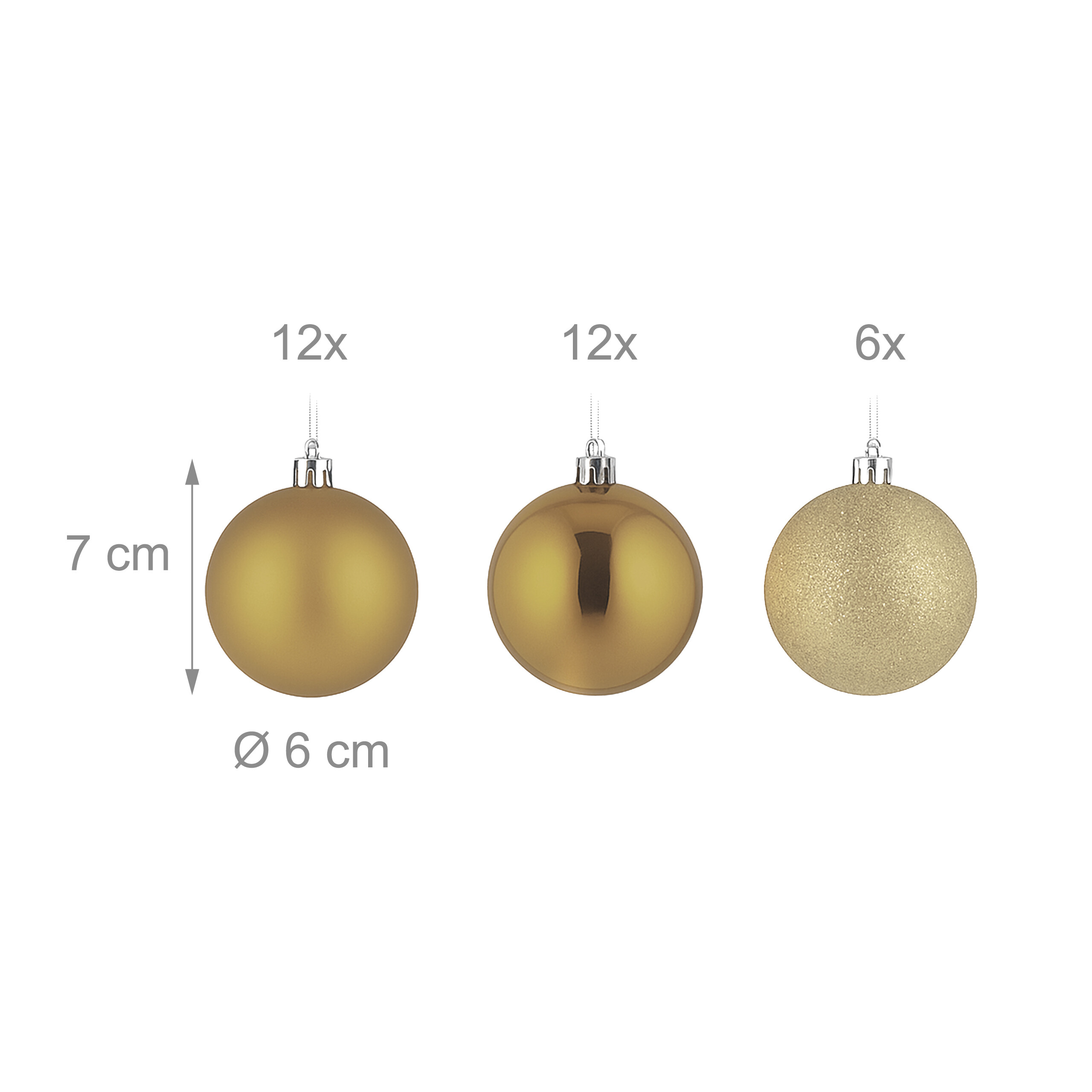 Drei goldene Weihnachtskugeln mit Maßen: 7 cm Höhe, 6 cm Durchmesser; 12 matte, 12 glänzende und 6 glitzernde Kugeln.