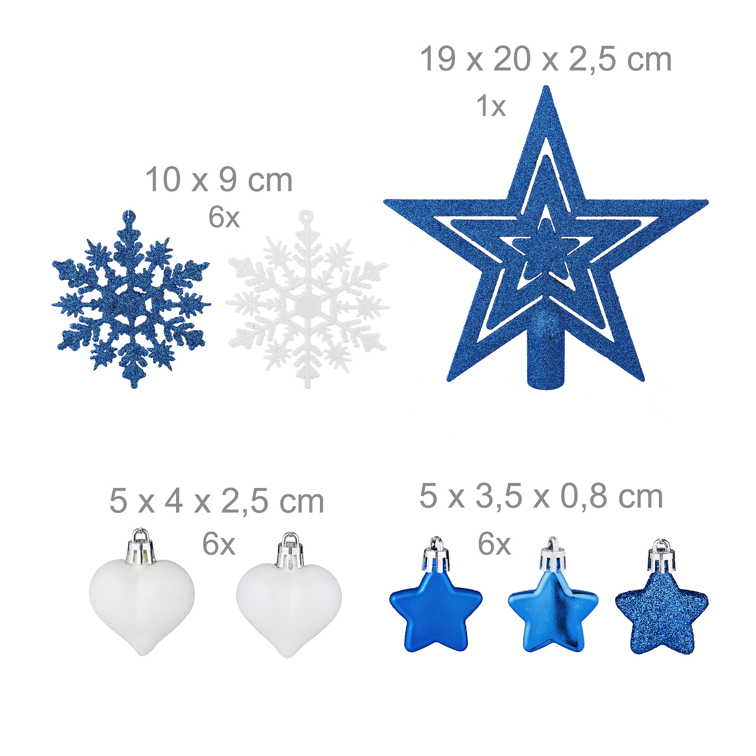 Blaue und weiße Weihnachtsbaumkugeln in Stern- und Herzform mit Maßangaben auf weißem Grund.