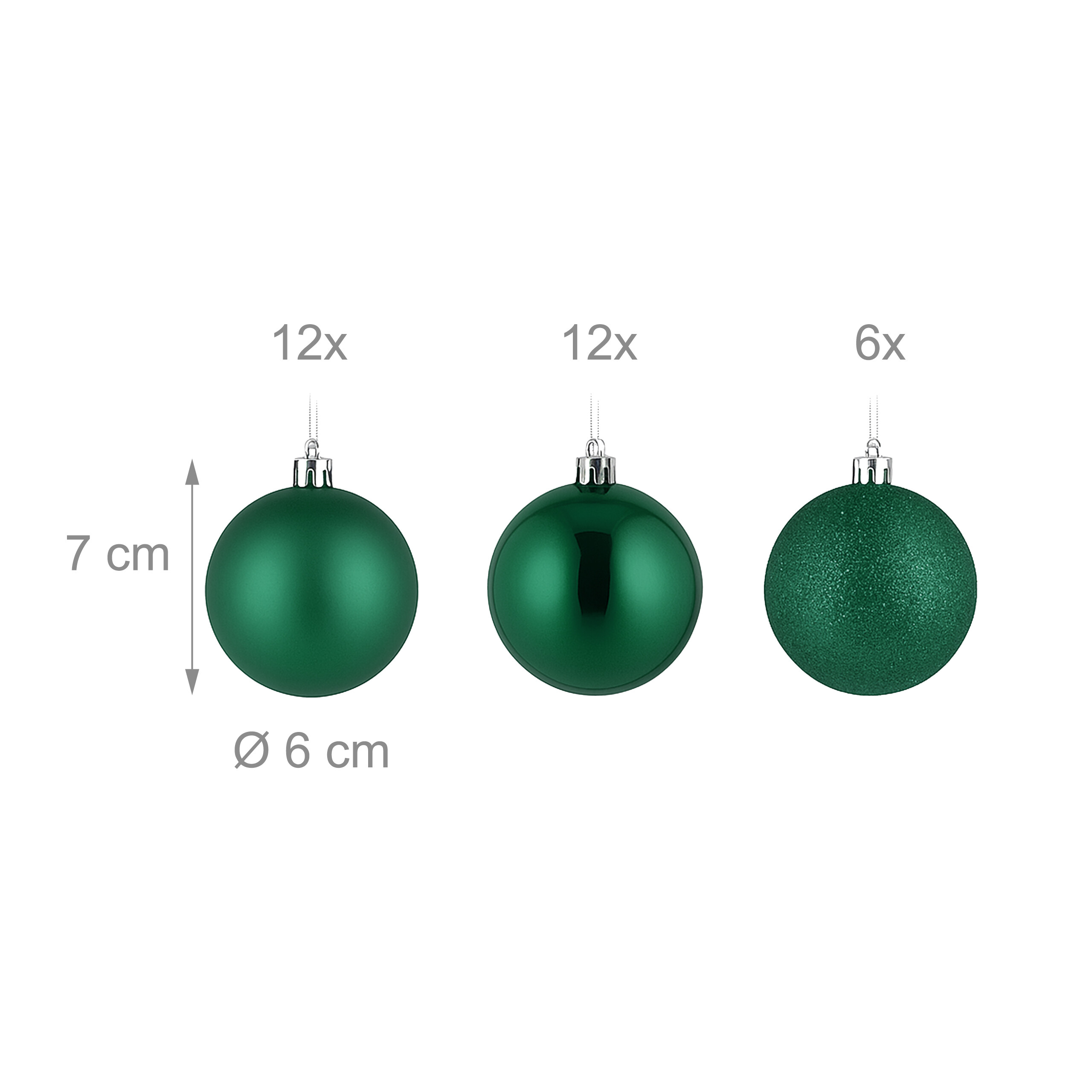 Drei grüne Christbaumkugeln mit Maßen, matt, glänzend und glitzernd, nach Anzahl beschriftet.