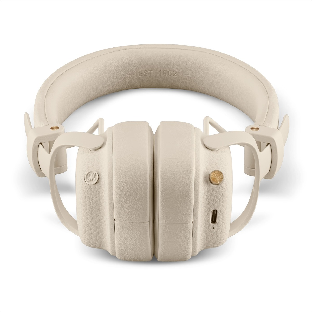 Creme-Over-Ear-Kopfhörer mit goldenen Akzenten auf weißem Hintergrund.