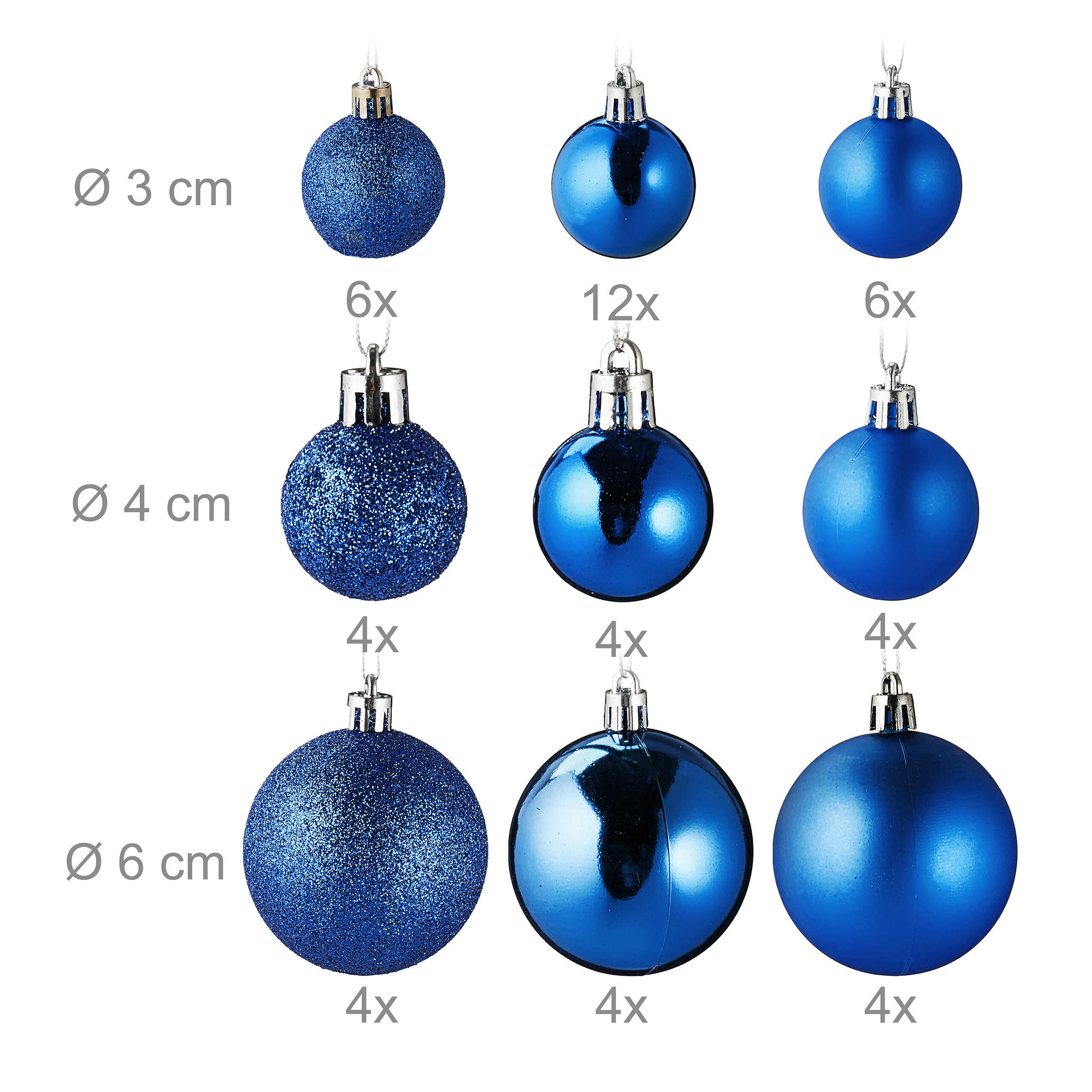 Blaue Weihnachtskugeln in verschiedenen Größen und Ausführungen mit Maßangaben.