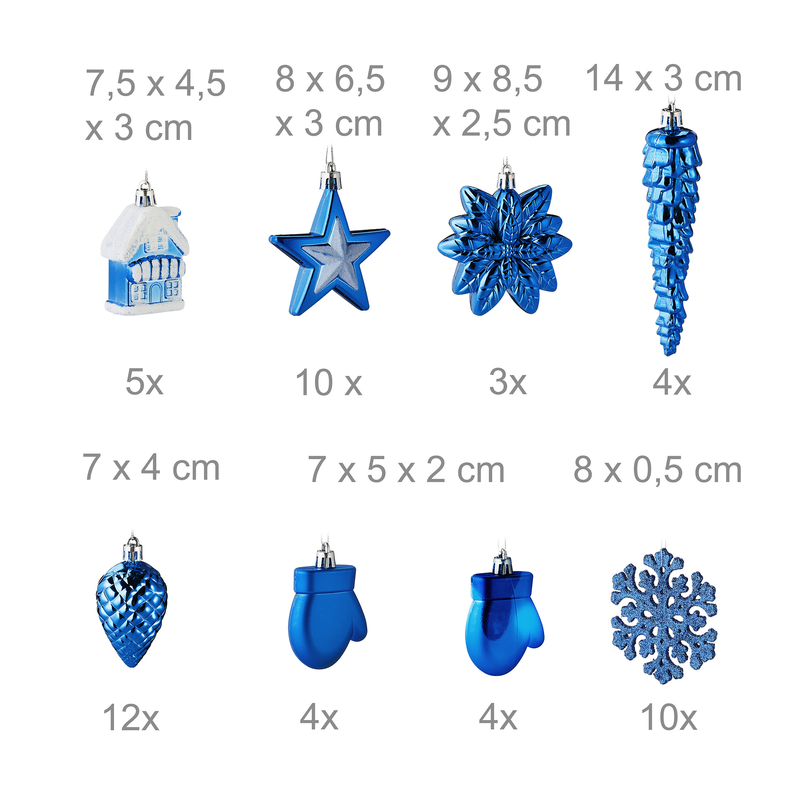 Ansicht verschiedener blau-weißer Weihnachtskugeln mit Maßen und Mengen.