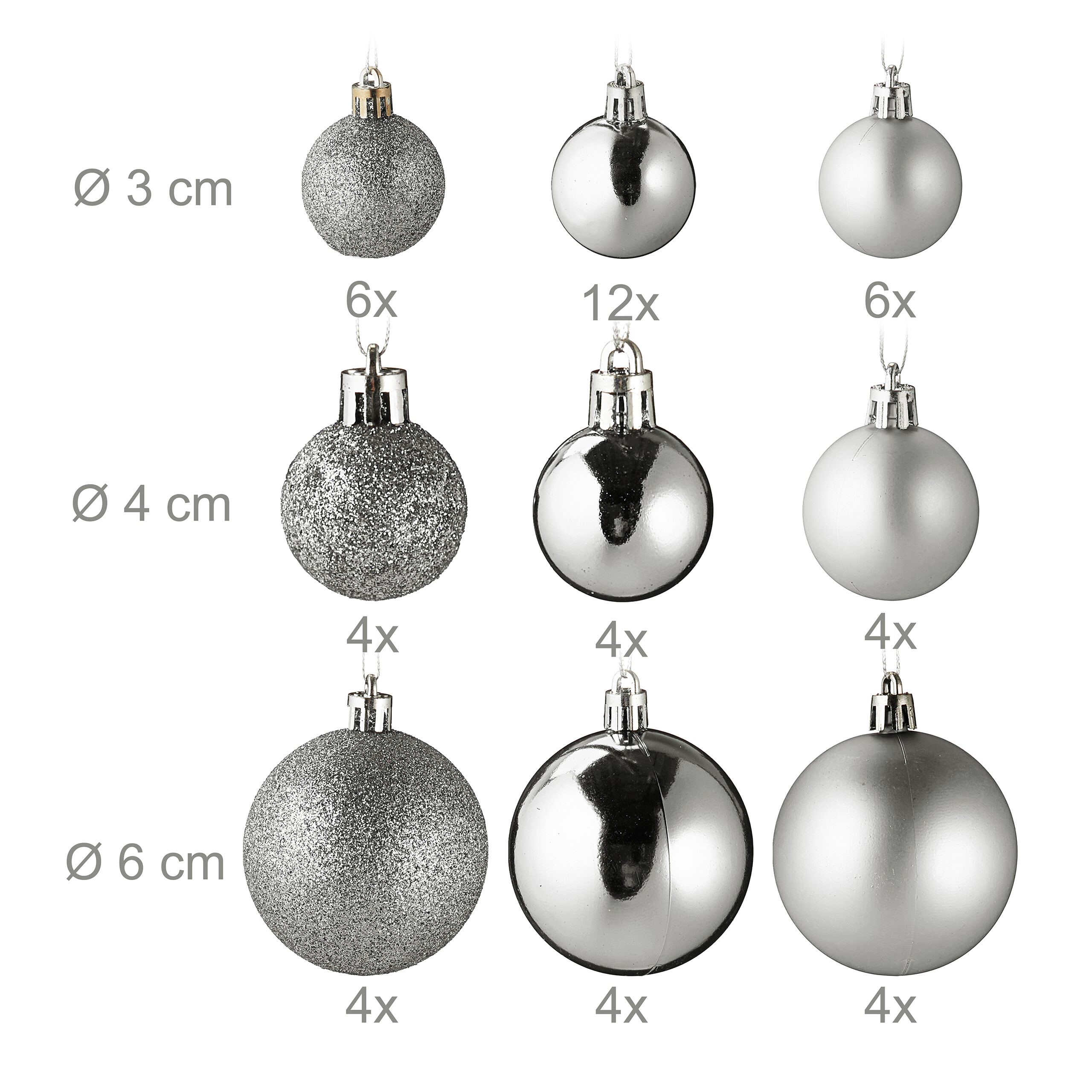 Verschiedene silberne Weihnachtskugeln in den Größen 3 cm, 4 cm und 6 cm mit Mengenangaben.