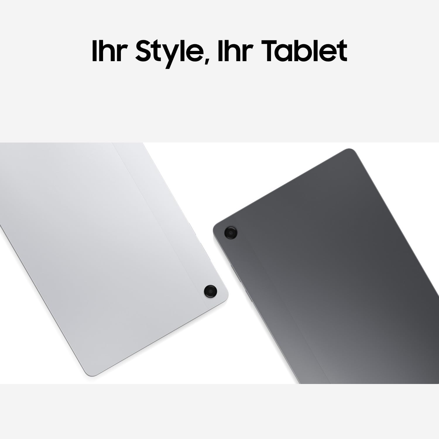 Zwei Tablets in Silber und Dunkelgrau nebeneinander vor weißem Hintergrund mit deutschem Werbetext.