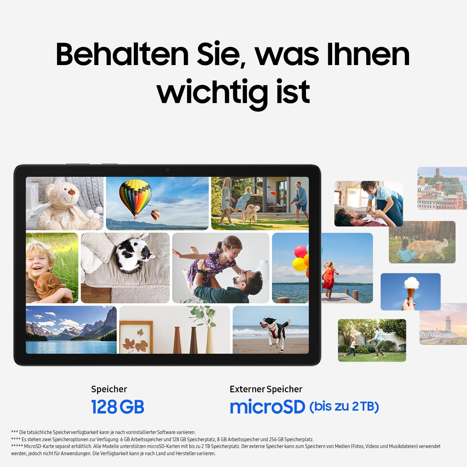 Ein Tablet zeigt viele Erinnerungsfotos mit der Aufschrift 'Behalten Sie, was Ihnen wichtig ist'.
