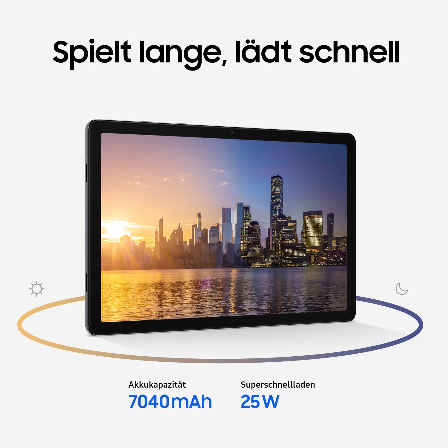 Ein Tablet zeigt einen Sonnenuntergang über einer Skyline, umgeben von Text und Symbolen für Akku und Laden.