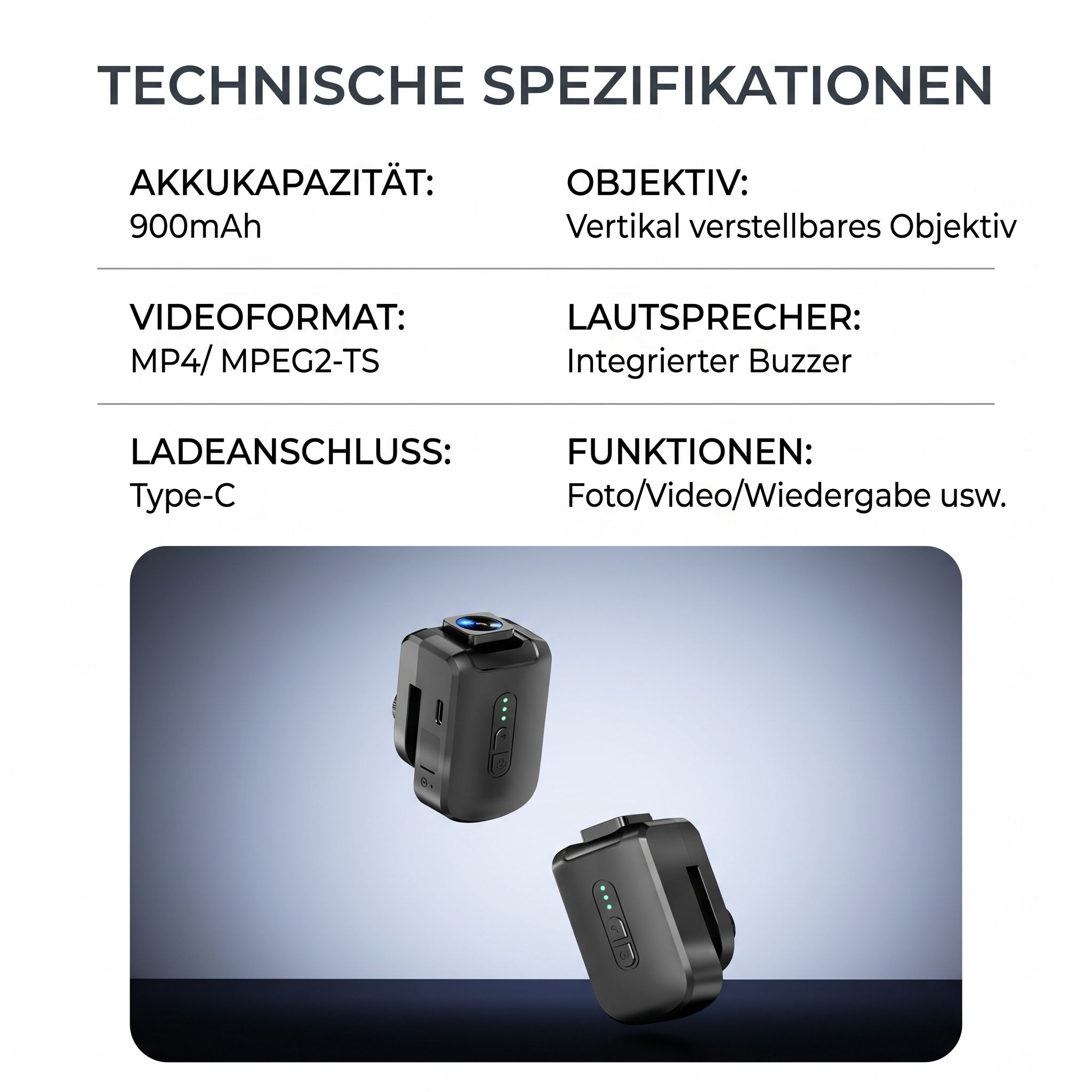 Technische Spezifikationen einer kleinen schwarzen Kamera mit 900mAh Akku und Type-C Anschluss.