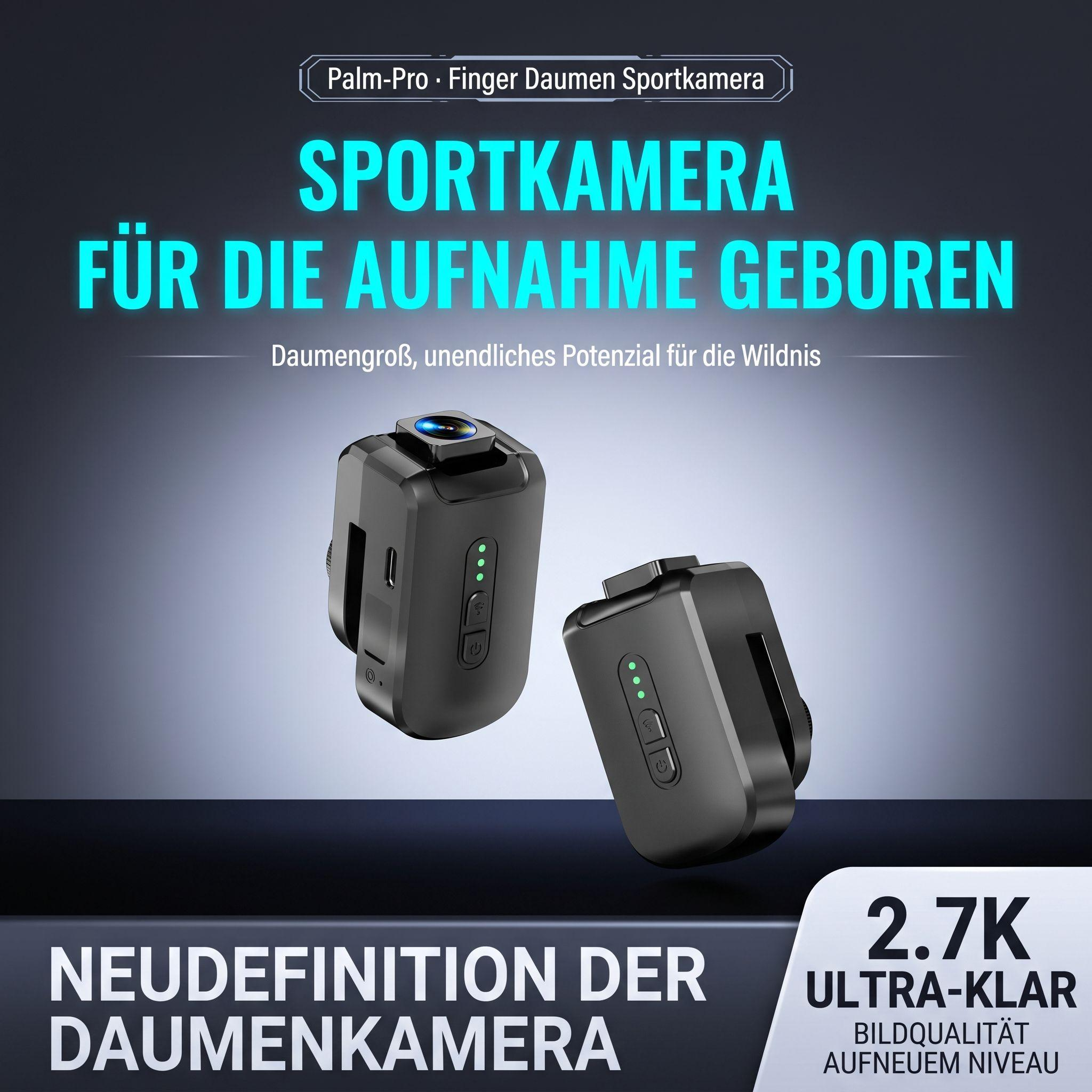 Zwei kleine schwarze Sportkameras mit Kontrollleuchten und deutschem Werbetext auf dunklem Hintergrund.