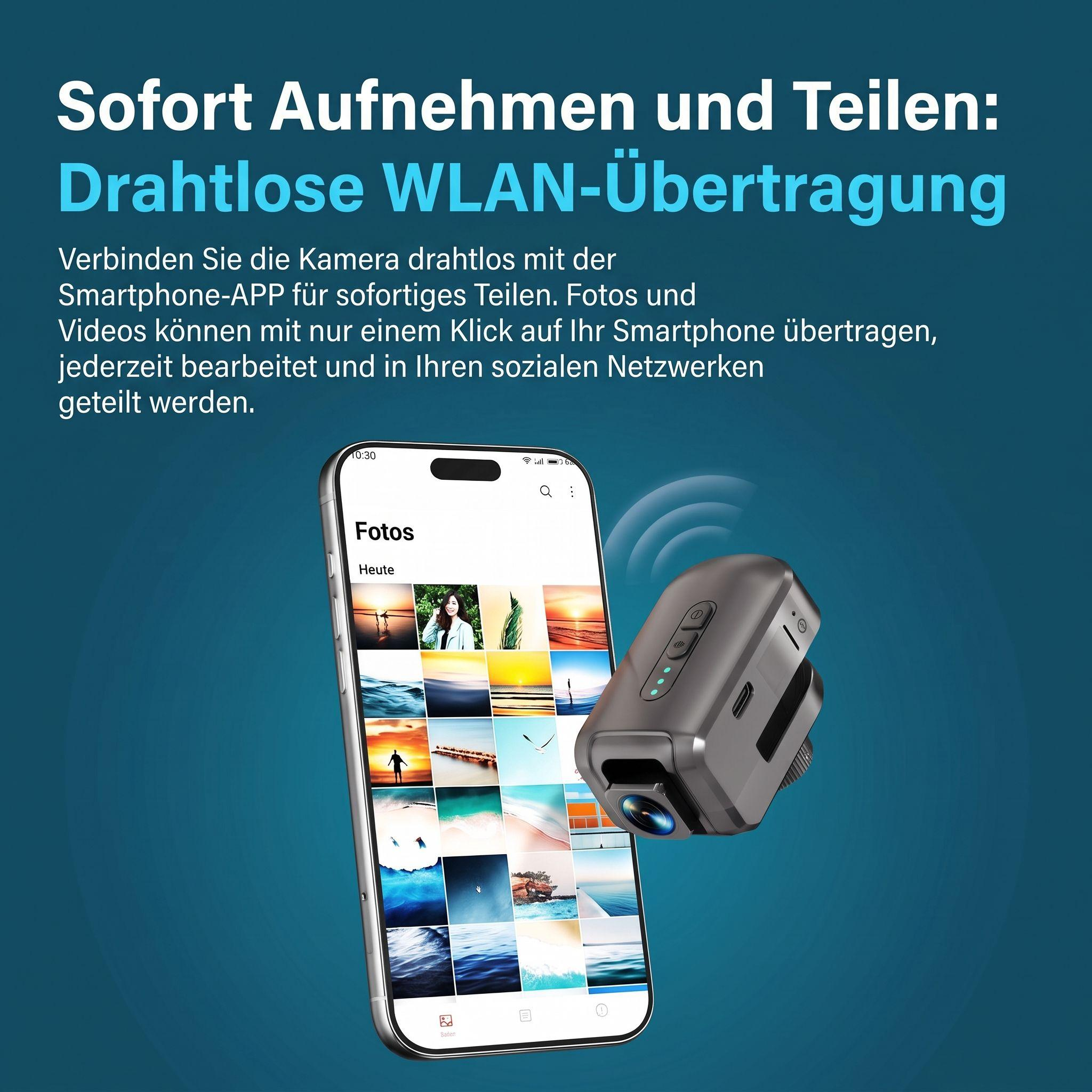 Ein Smartphone mit Fotogalerie und eine kleine graue WLAN-Kamera vor blauem Hintergrund.