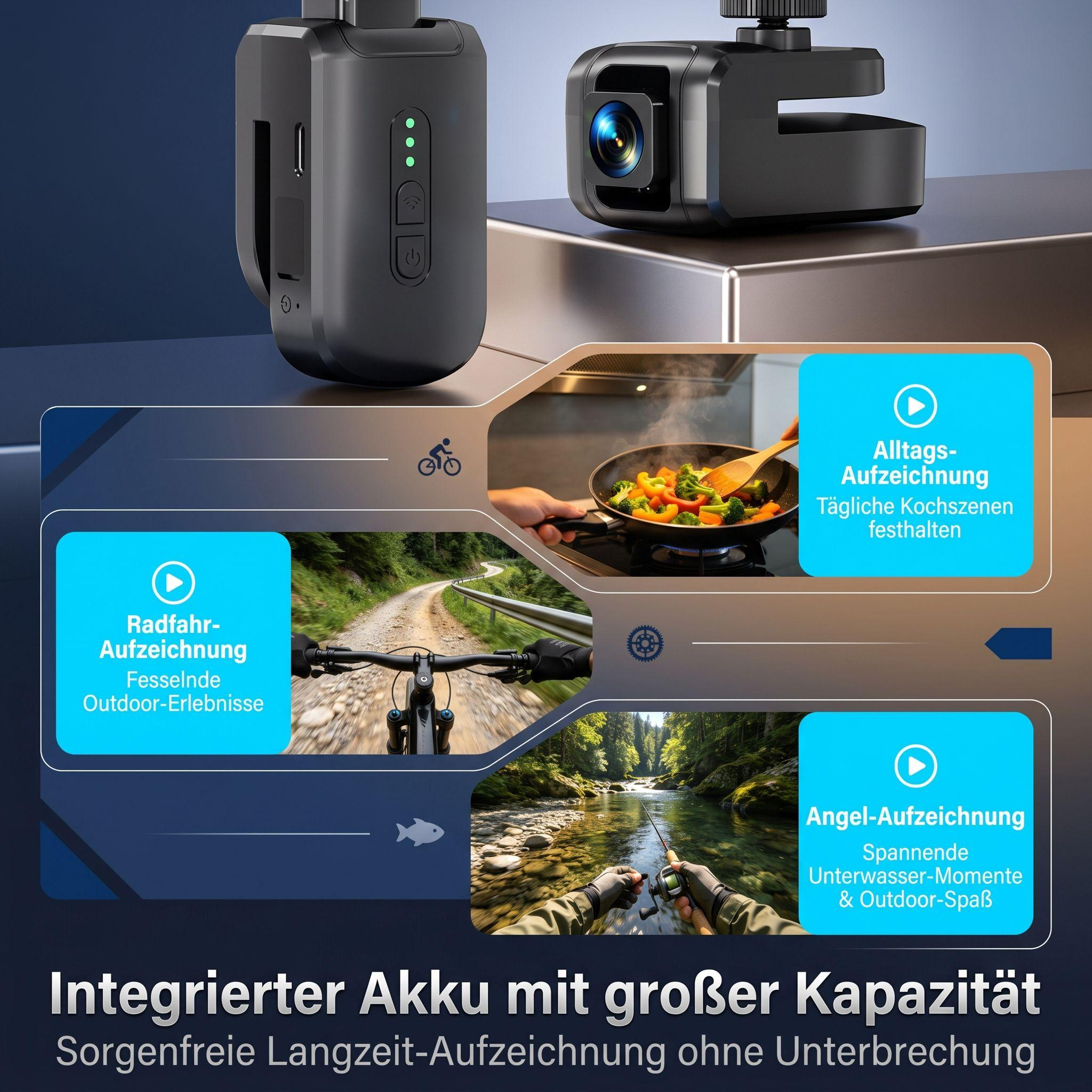 Eine schwarze Action-Cam auf einer Oberfläche mit Bildern, die Kochen, Radfahren und Angeln zeigen.