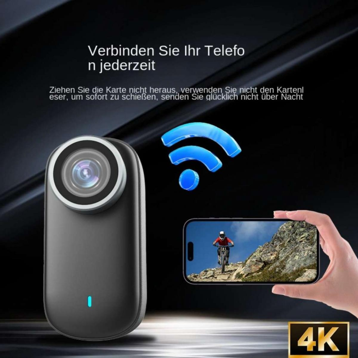 Schwarze 4K-Kamera mit WLAN-Symbol und Smartphone, das einen Mountainbiker zeigt.