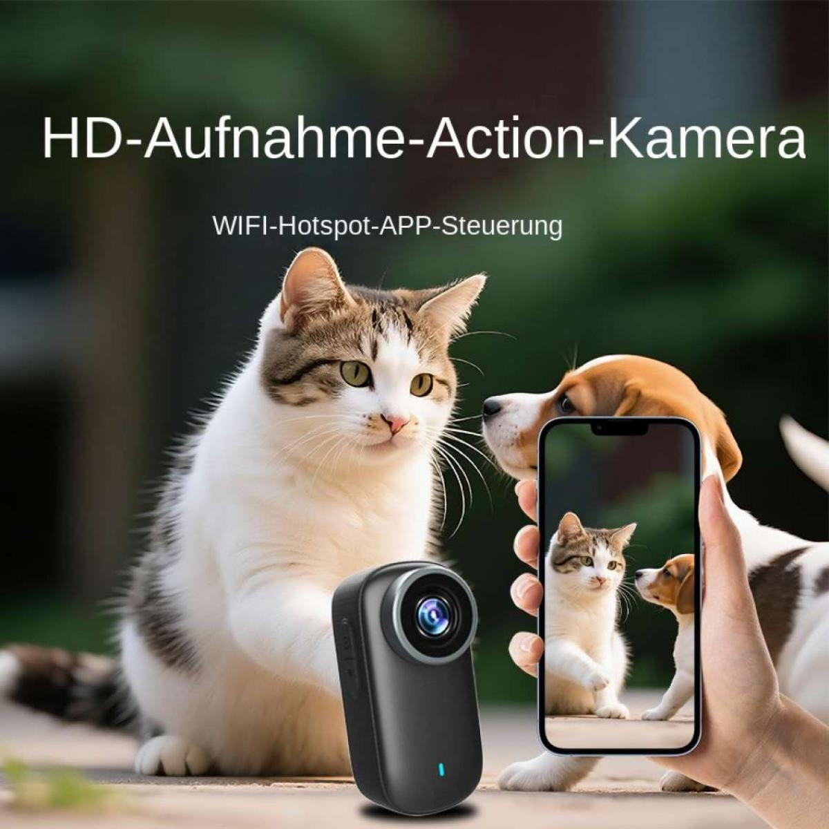 Eine Katze und ein Hund neben einer kleinen Action-Kamera, die auf einem Smartphone-Bildschirm angezeigt wird.