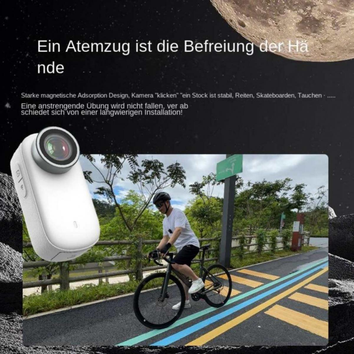 Eine kleine weiße Action-Kamera und ein Mann, der auf einer Straße Rad fährt, mit deutschem Werbetext.