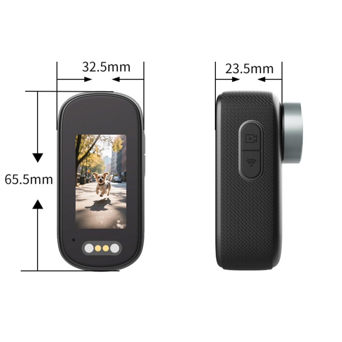 Technische Zeichnung einer kleinen Kamera mit Maßen von 65,5x32,5x23,5 mm und einem Display, das einen Hund zeigt.