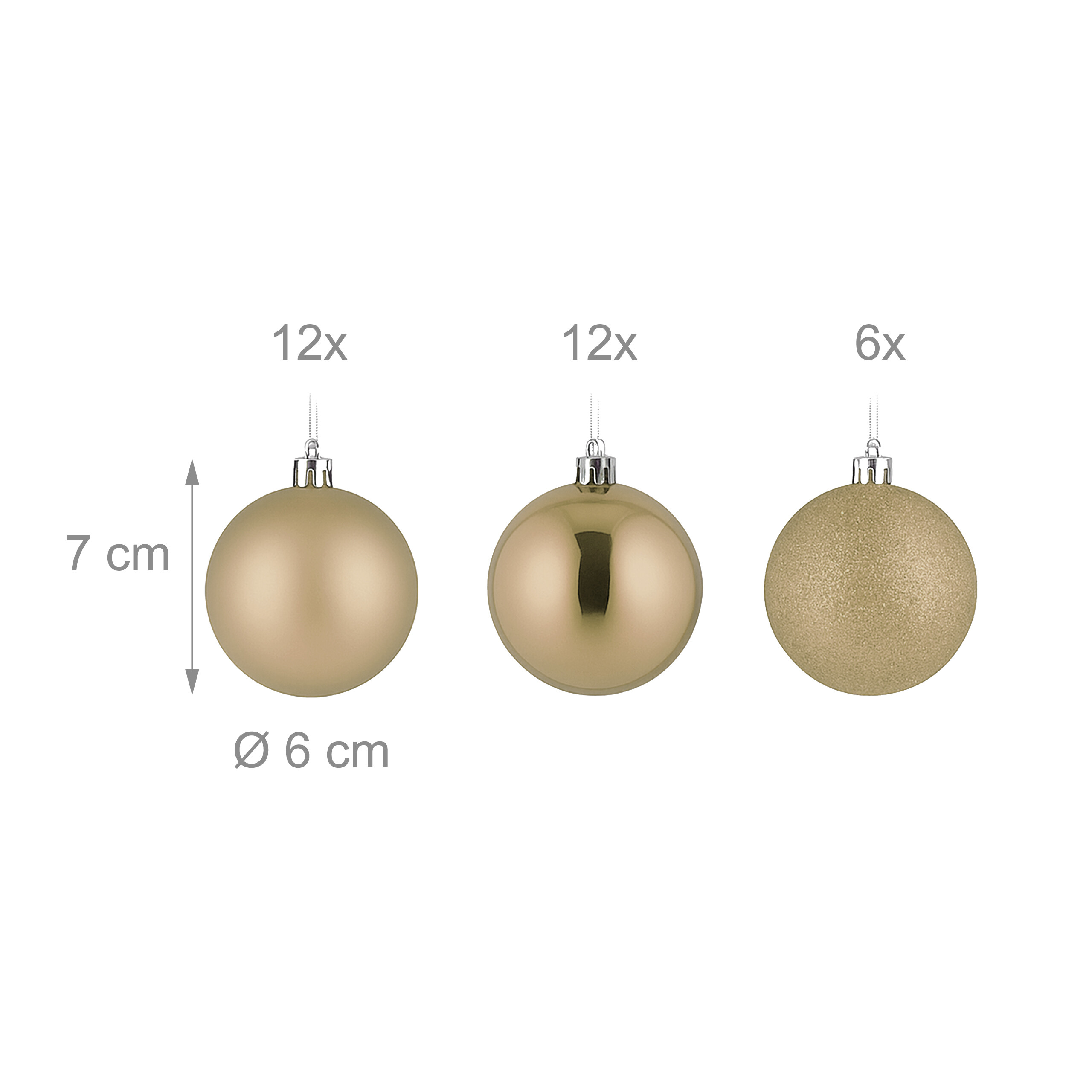 Drei goldene Weihnachtskugeln mit Maßen von 7 cm Höhe und 6 cm Durchmesser, in matt, glänzend und glitzernd.