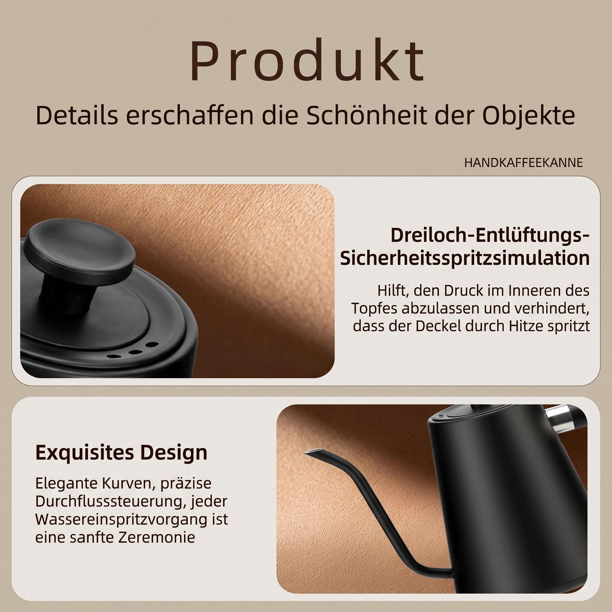 Produktwerbung für Handkaffeekanne mit Dampfauslass und langem Ausguss.
